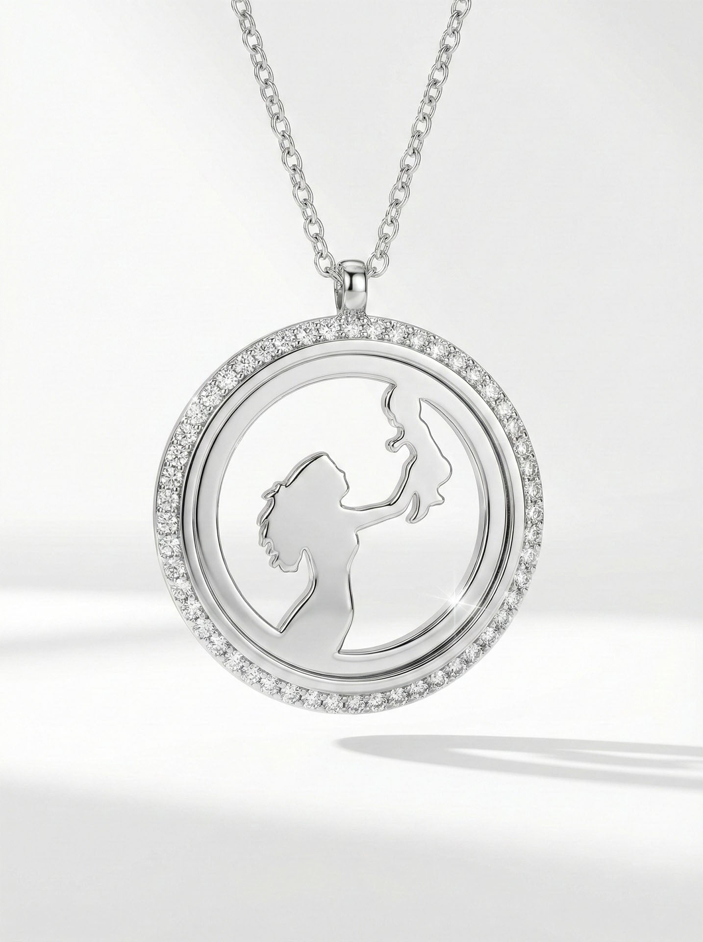 CZ Mom & Baby Necklace Rhodium Plated Silver