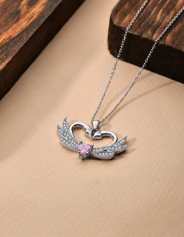 925 Sterling Silver Rhodium Plated Swan Heart Motif Love Necklace with Zircon Stones