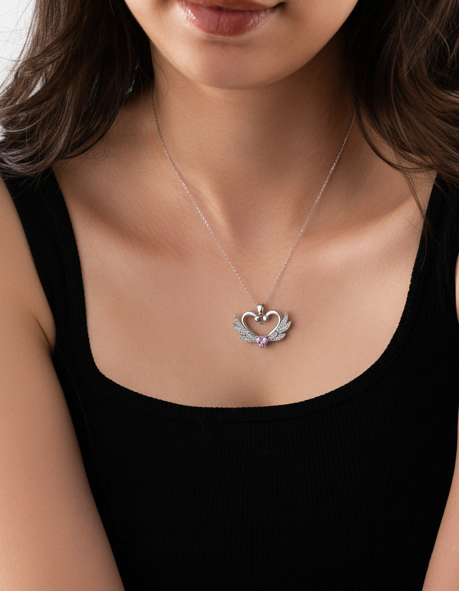 CZ Interlocking Swan Heart Motif Love Necklace Rhodium Plated Silver