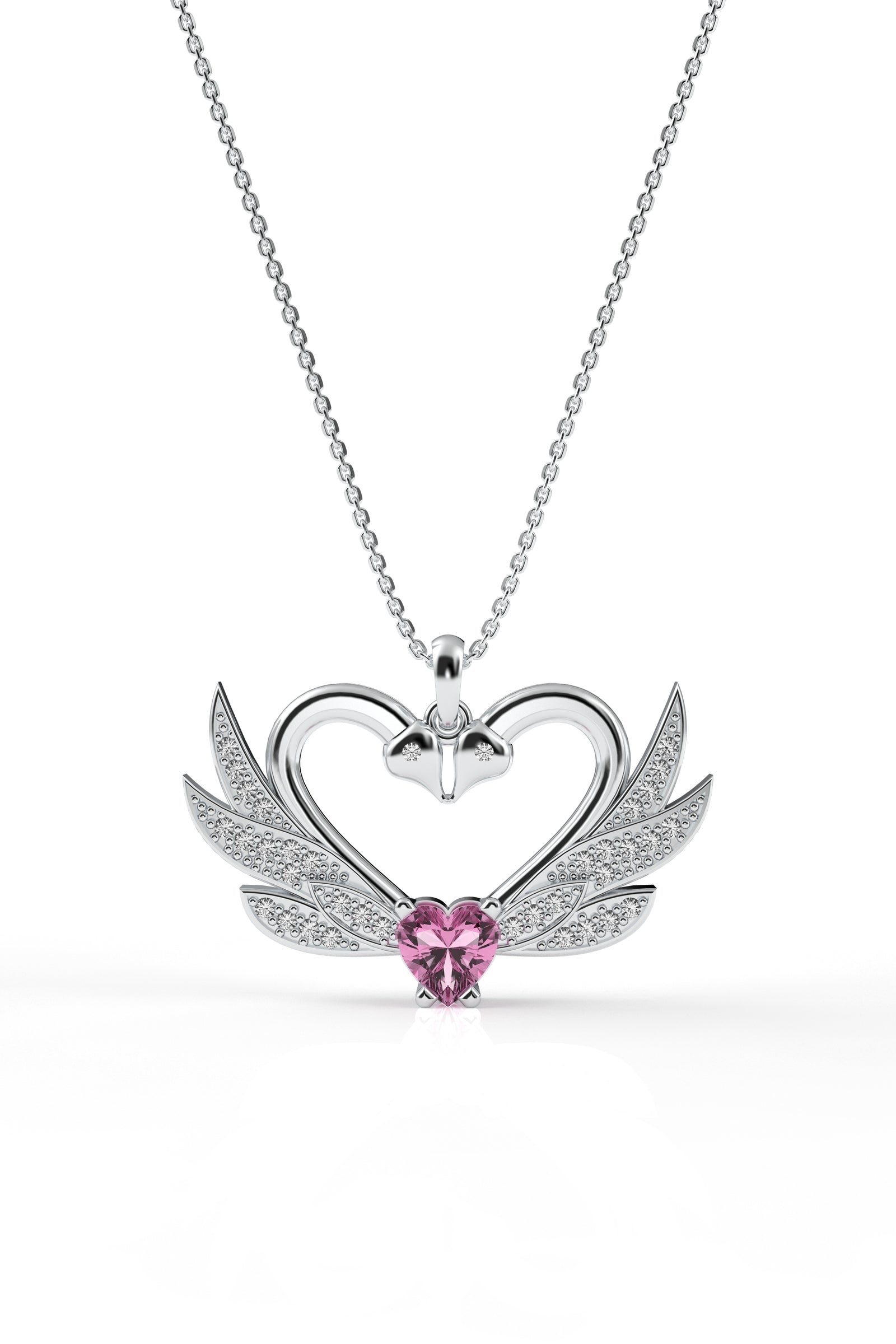 CZ Interlocking Swan Heart Motif Love Necklace Rhodium Plated Silver