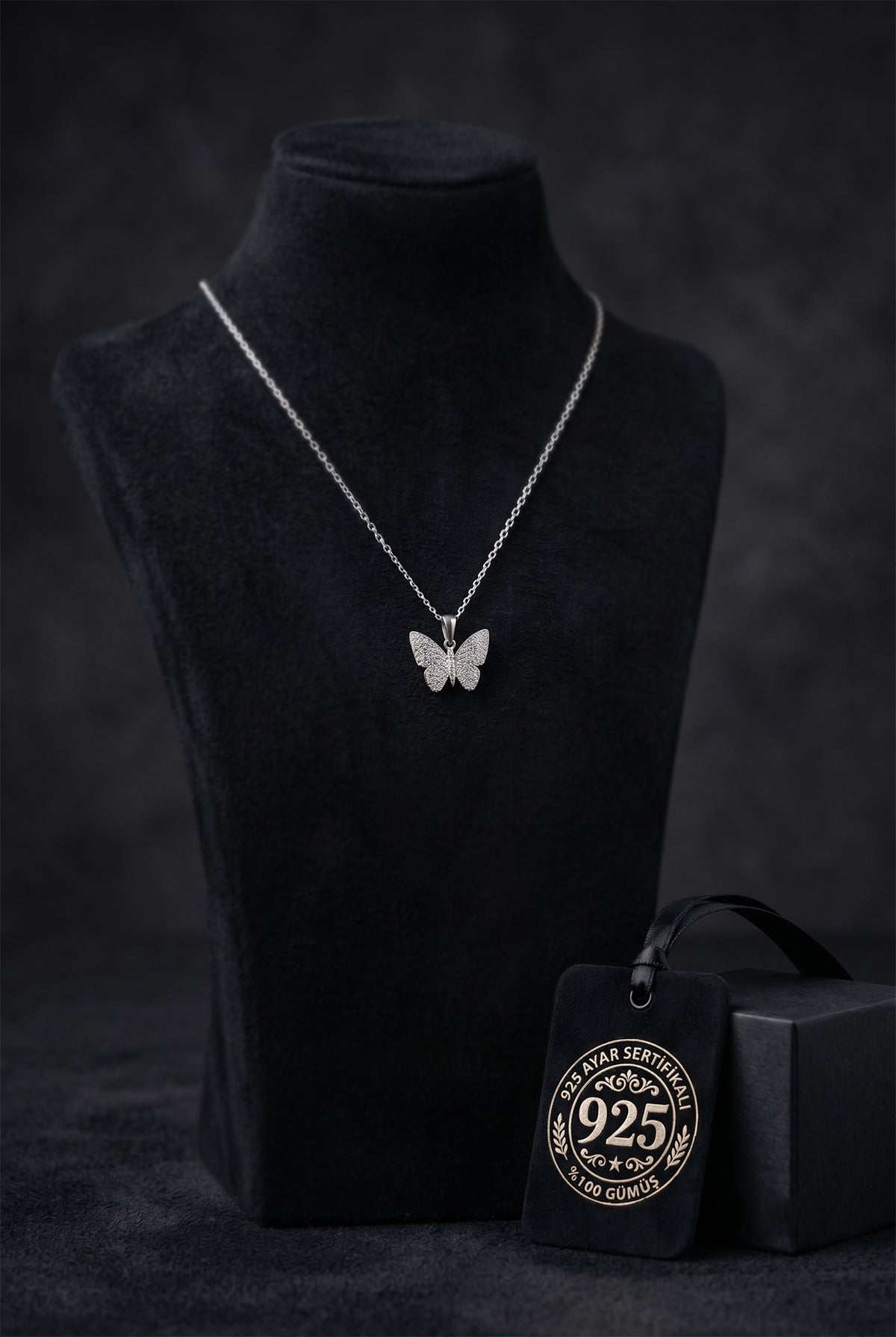 Rhodium Textured Butterfly Necklace with Zircon in 925 sterling silver