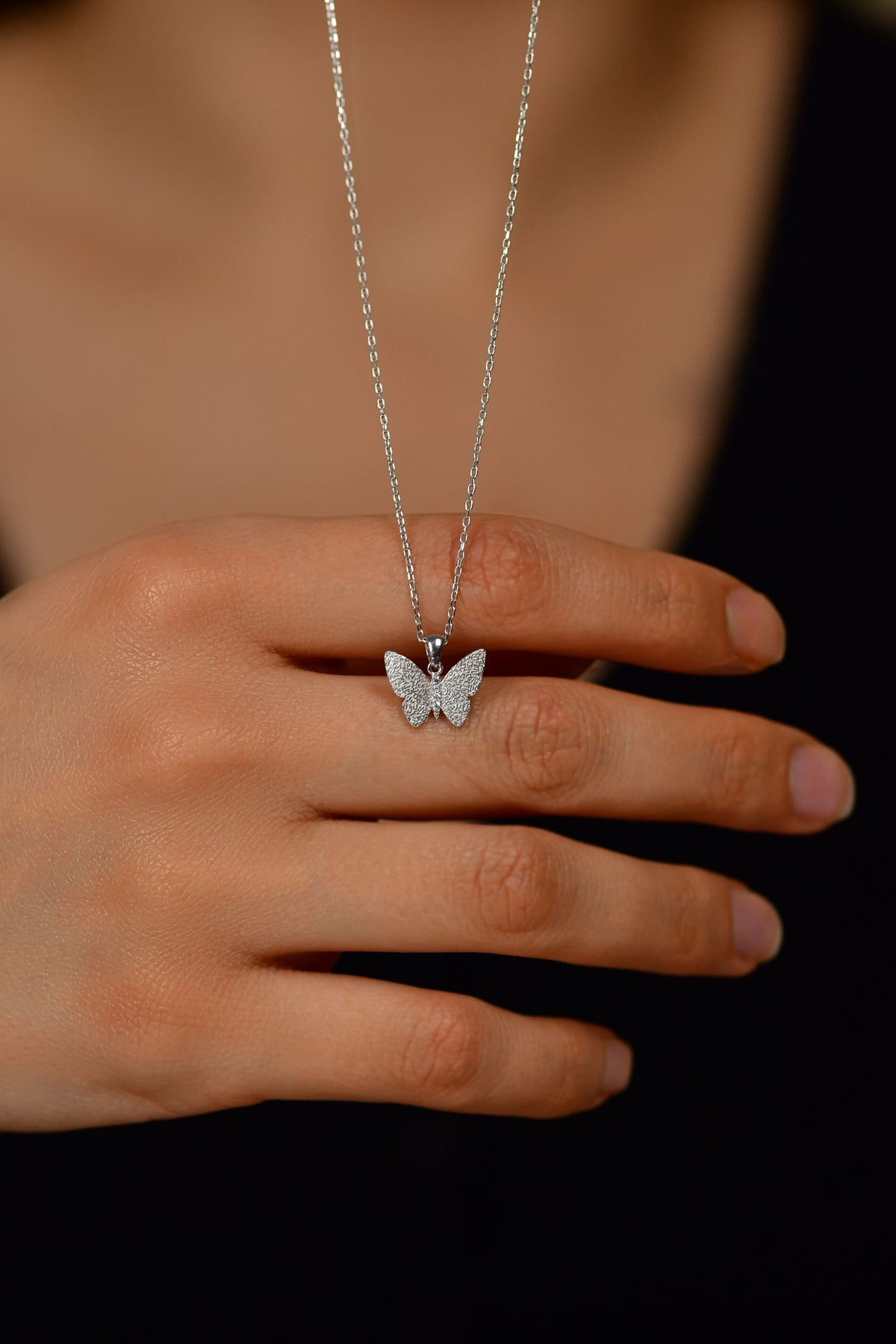 Rhodium Textured Butterfly Necklace with Zircon | 925 Silver