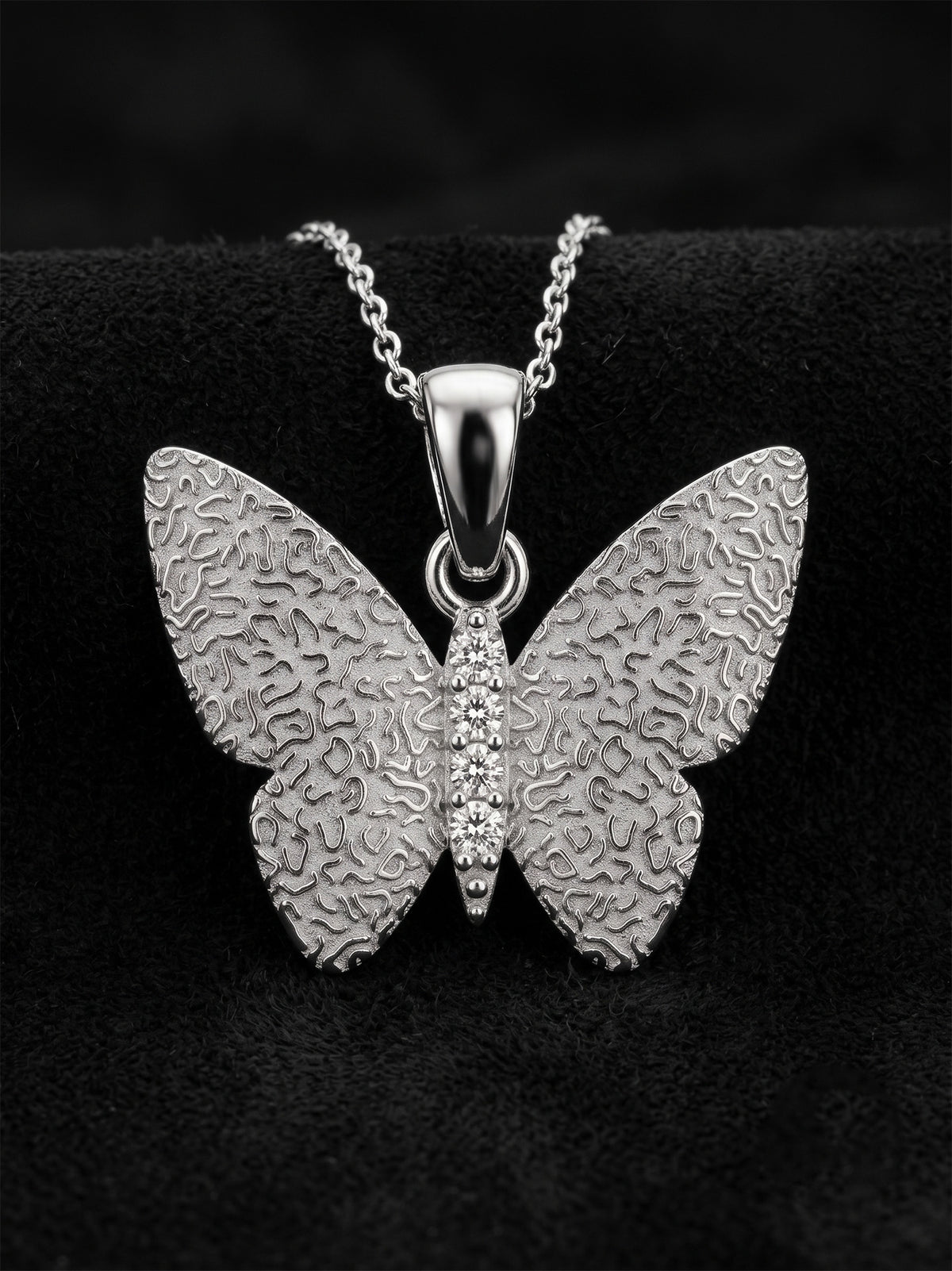 Rhodium Textured Butterfly Necklace with Zircon in 925 sterling silver - view 3
