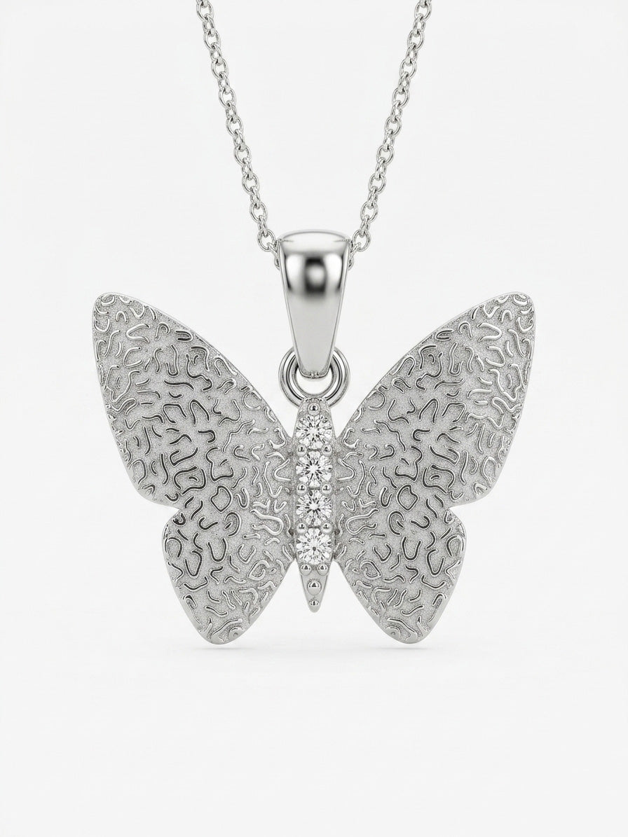 Rhodium Textured Butterfly Necklace with Zircon in 925 sterling silver - view 4