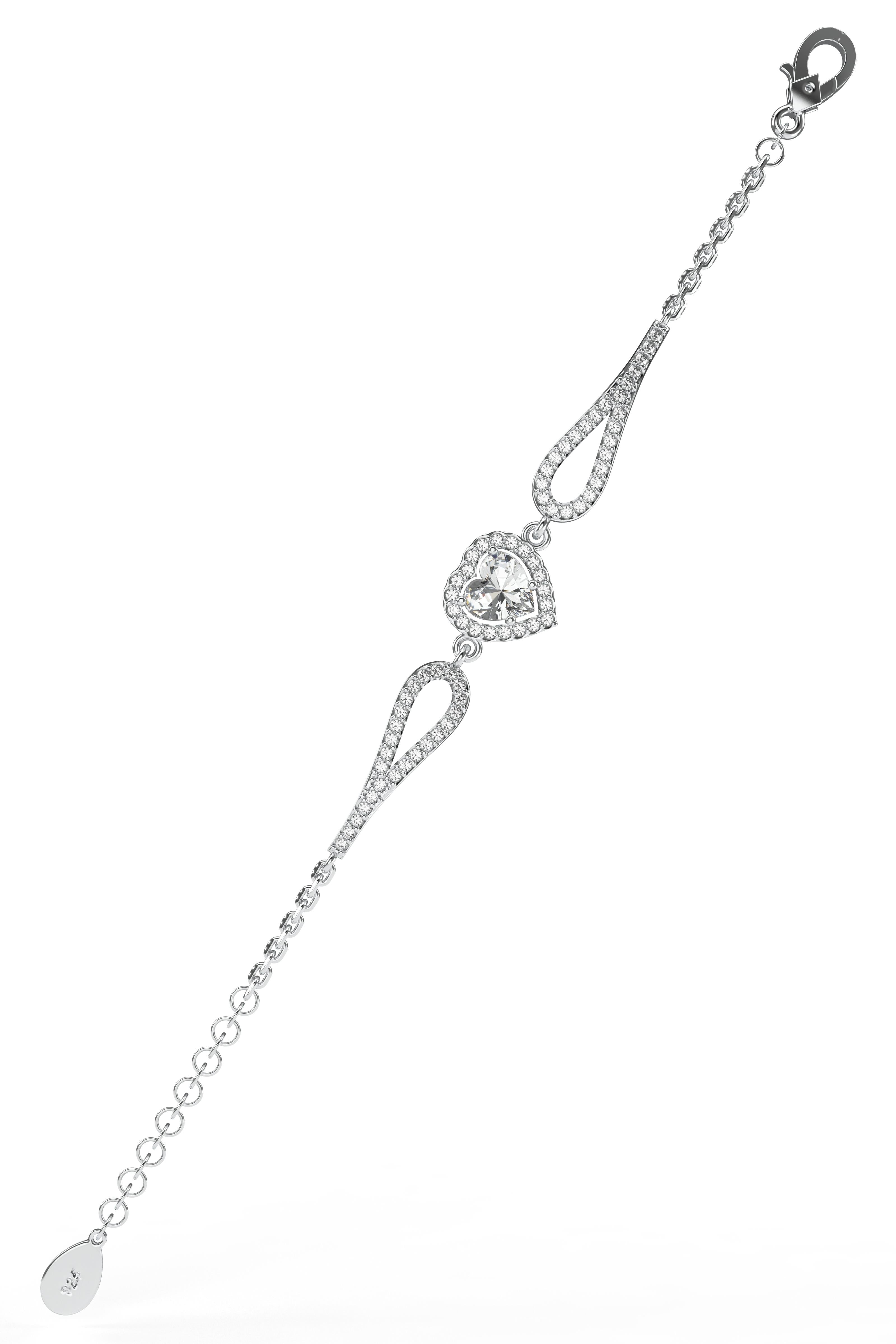 CZ Sparkle Look Heart Bracelet Rhodium Plated Silver