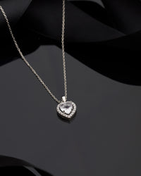 925 Sterling Silver Zircon Rhodium Plated Diamond Look Heart Necklace