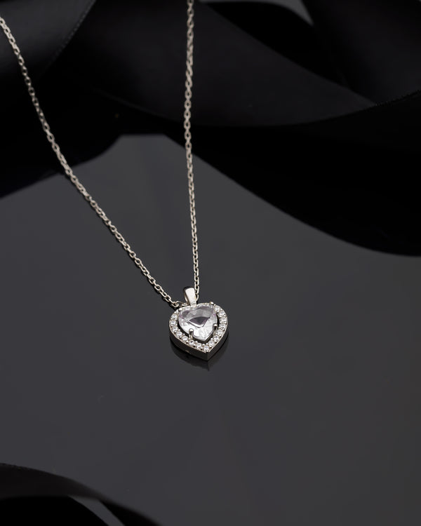 925 Sterling Silver Zircon Rhodium Plated Diamond Look Heart Necklace
