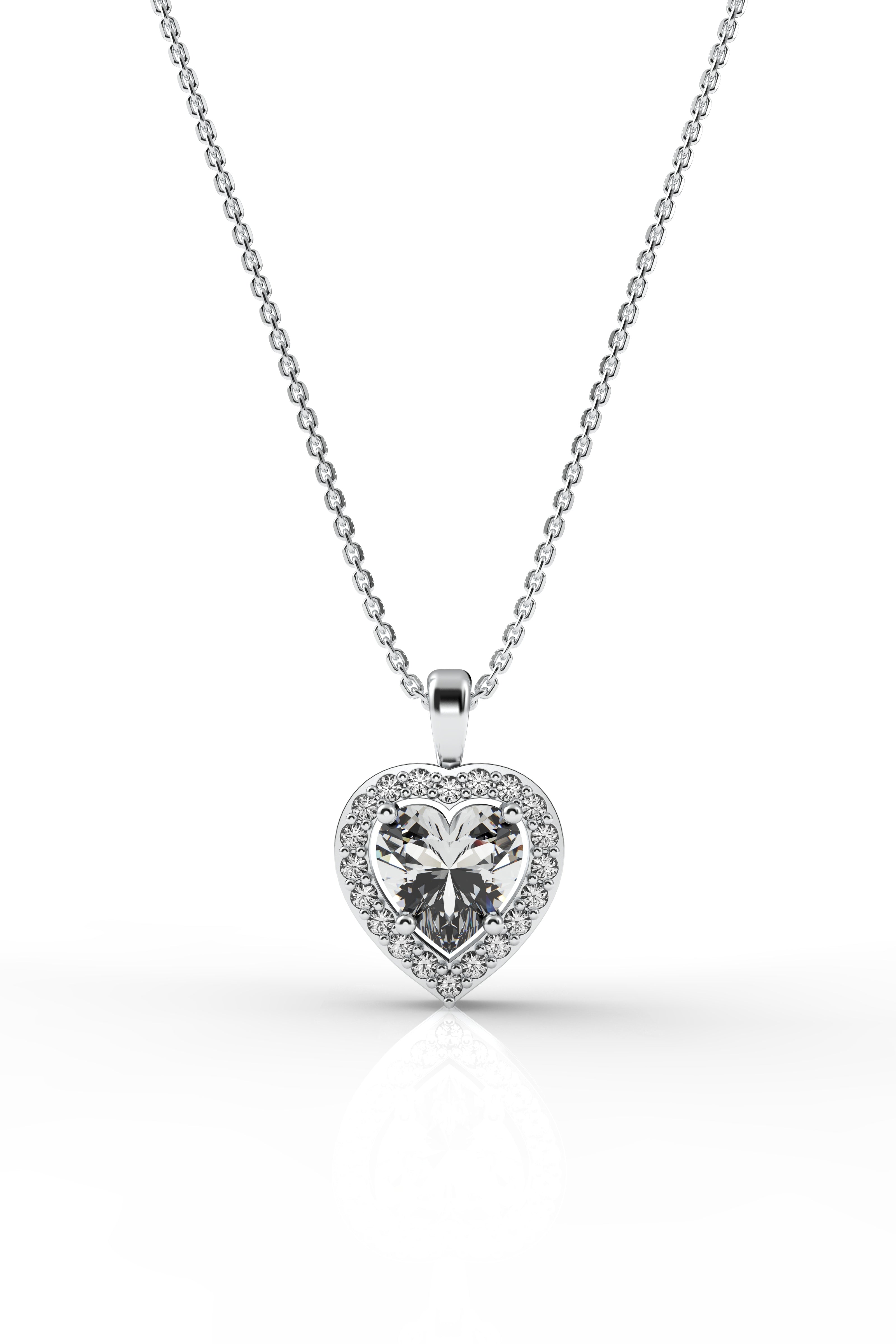 925 Sterling Silver Zircon Rhodium Plated Diamond Look Heart Necklace