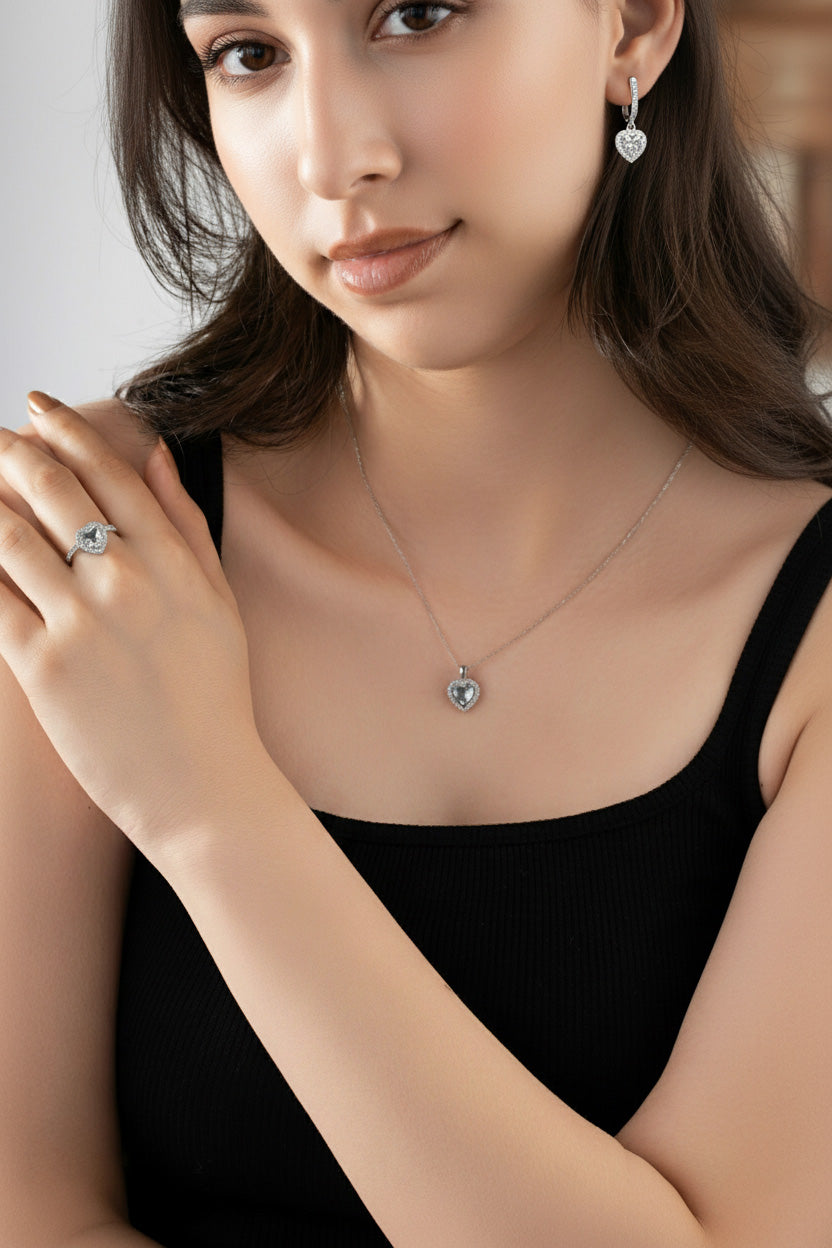 CZ Sparkle Heart Set Rhodium Plated Silver