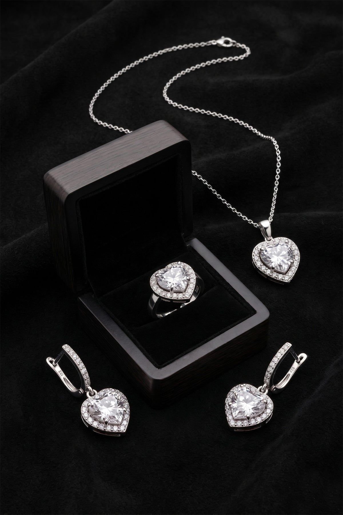 Zircon Diamond Sparkle Heart 3-Piece Set in 925 sterling silver