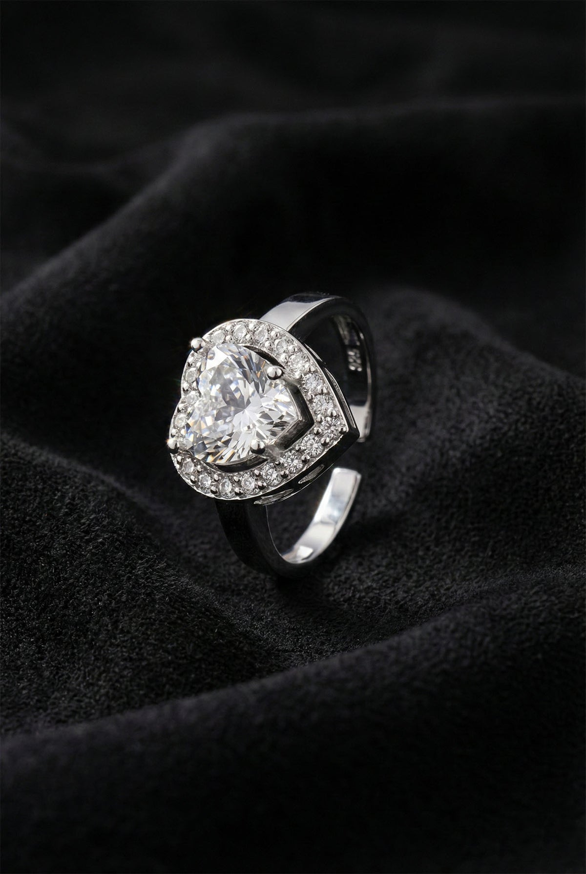 Heart Clear Zircon - Halo Adjustable Ring in 925 sterling silver