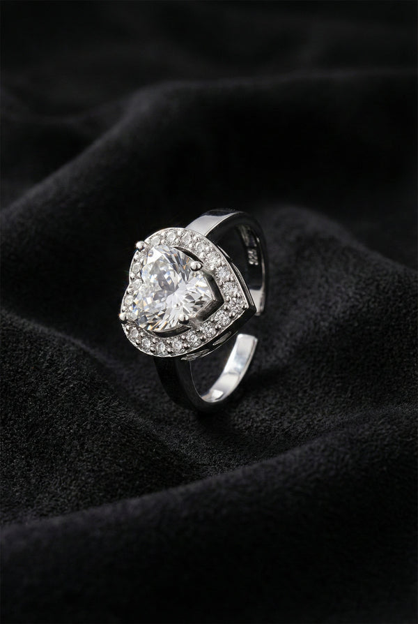925 Sterling Silver Rhodium Plated Zircon Stone Diamond Sparkle Heart Adjustable Ring
