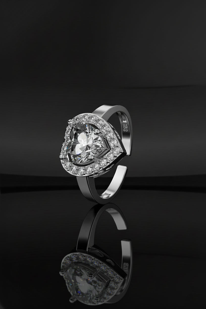 925 Sterling Silver Rhodium Plated Zircon Stone Diamond Sparkle Heart Adjustable Ring