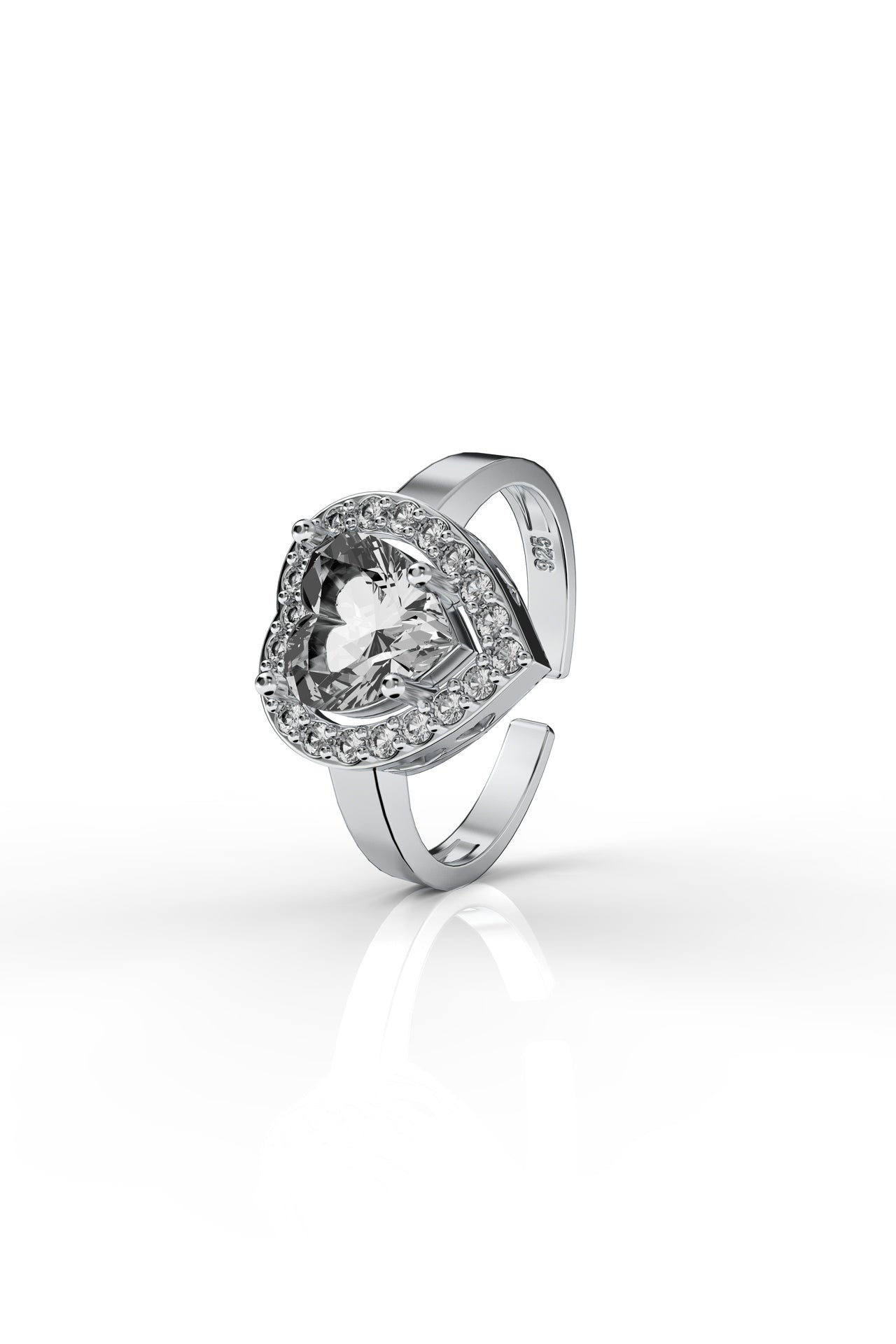 925 Sterling Silver Rhodium Plated Zircon Stone Diamond Sparkle Heart Adjustable Ring