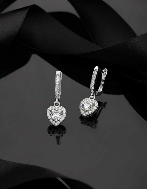 925 Sterling Silver Zircon Rhodium Diamond Shimmering Dangle Heart Earrings