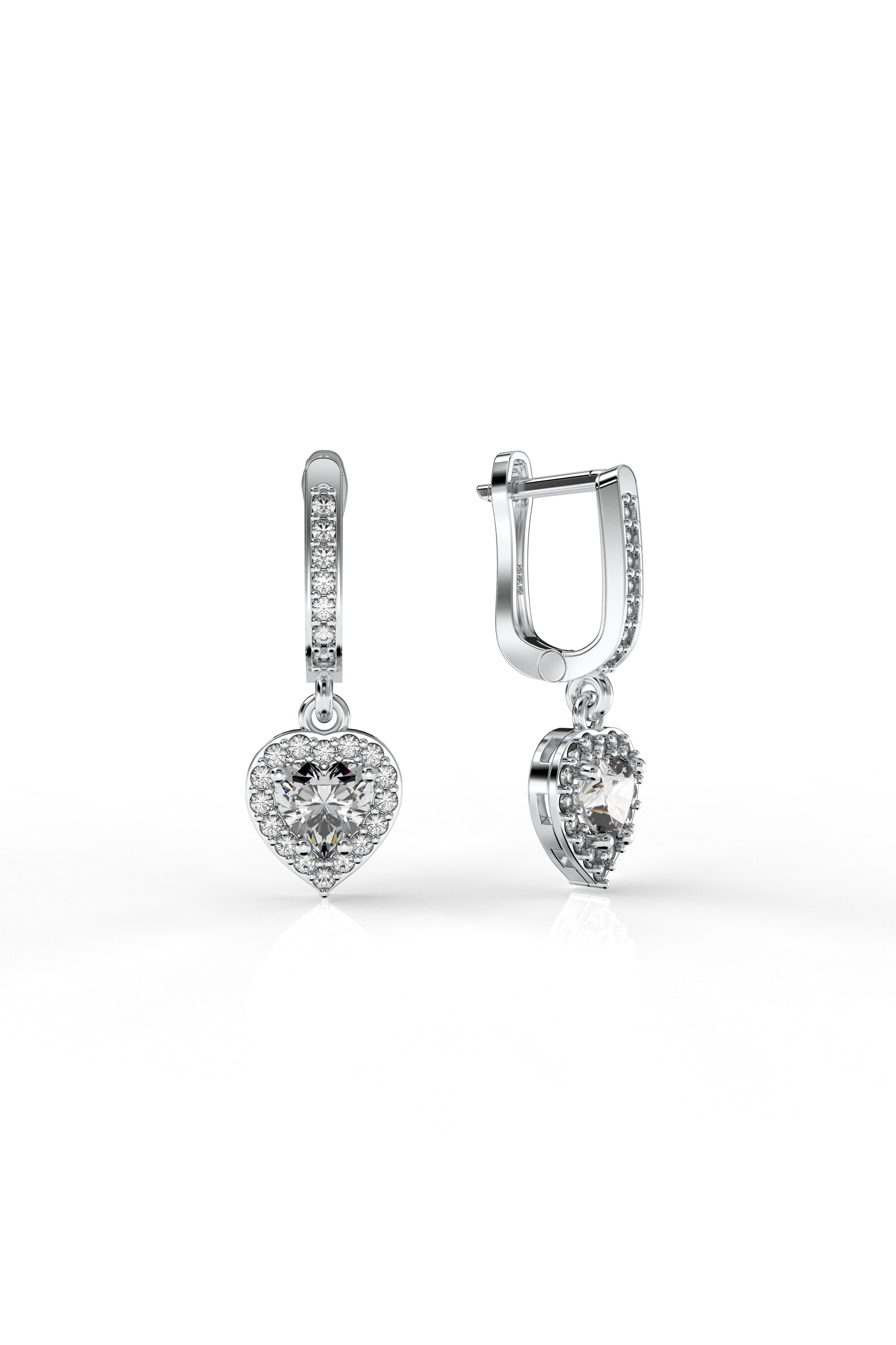 925 Sterling Silver Zircon Rhodium Diamond Shimmering Dangle Heart Earrings
