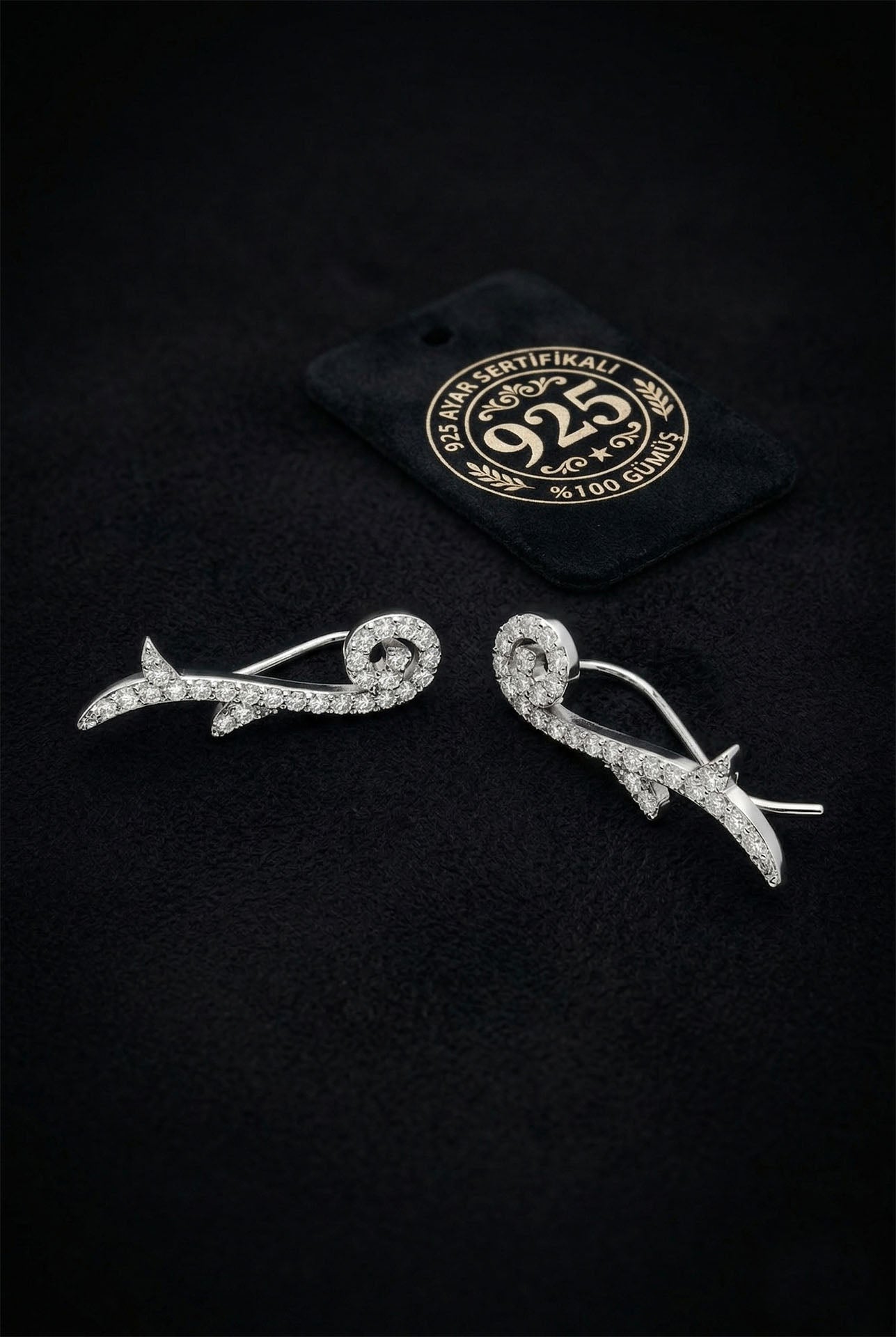 CZ Sprouting Branch Horizontal Ivy Earrings Rhodium Plated Silver