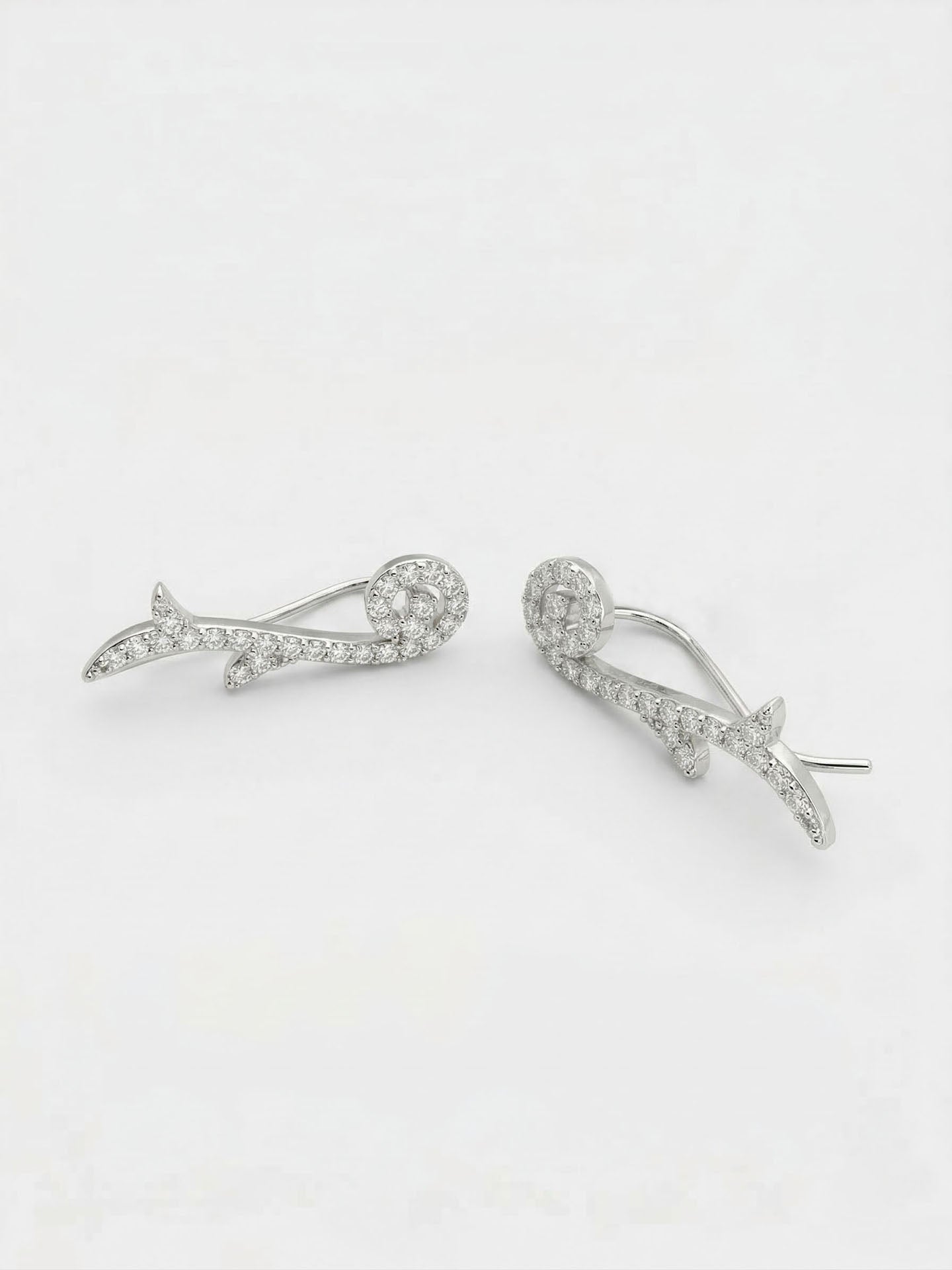 CZ Sprouting Branch Horizontal Ivy Earrings Rhodium Plated Silver