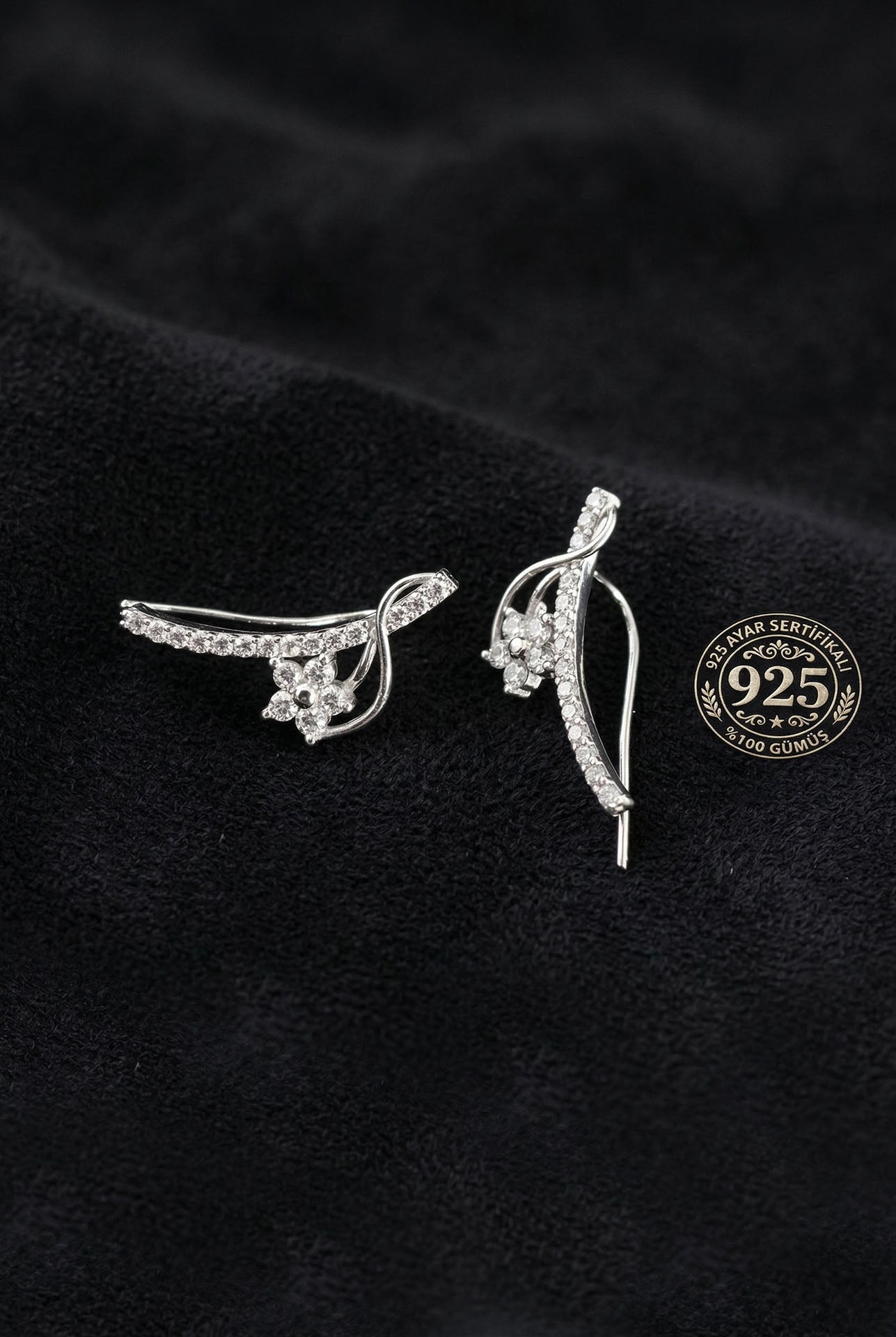 CZ Magnolia Flower Horizontal Ivy Earrings Rhodium Plated Silver