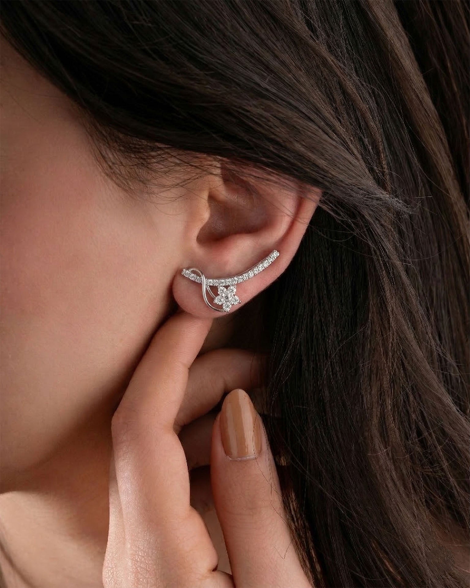 CZ Magnolia Flower Horizontal Ivy Earrings Rhodium Plated Silver