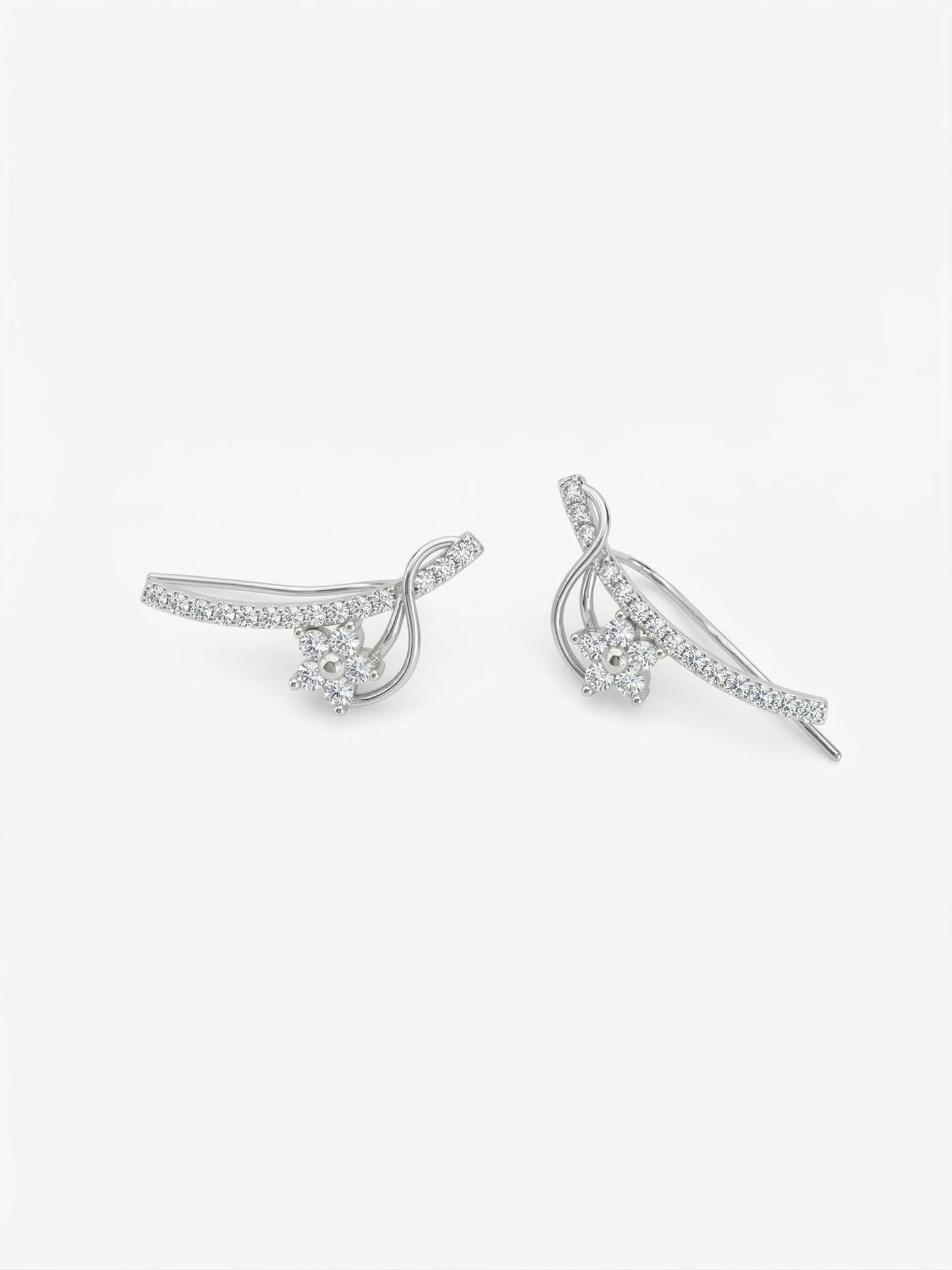 CZ Magnolia Flower Horizontal Ivy Earrings Rhodium Plated Silver