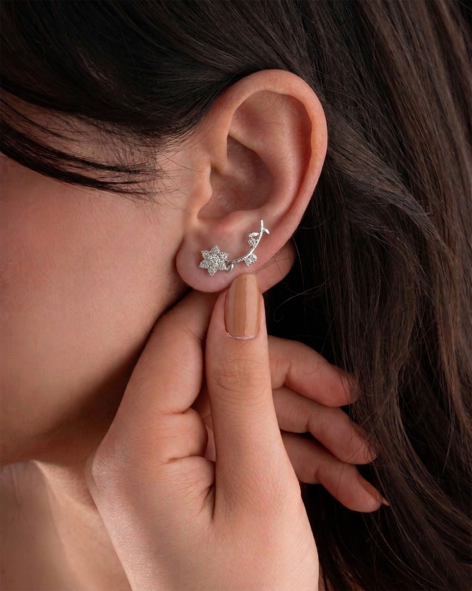 CZ Magnolia Flower Branch Horizontal Ivy Earrings Rhodium Plated Silver