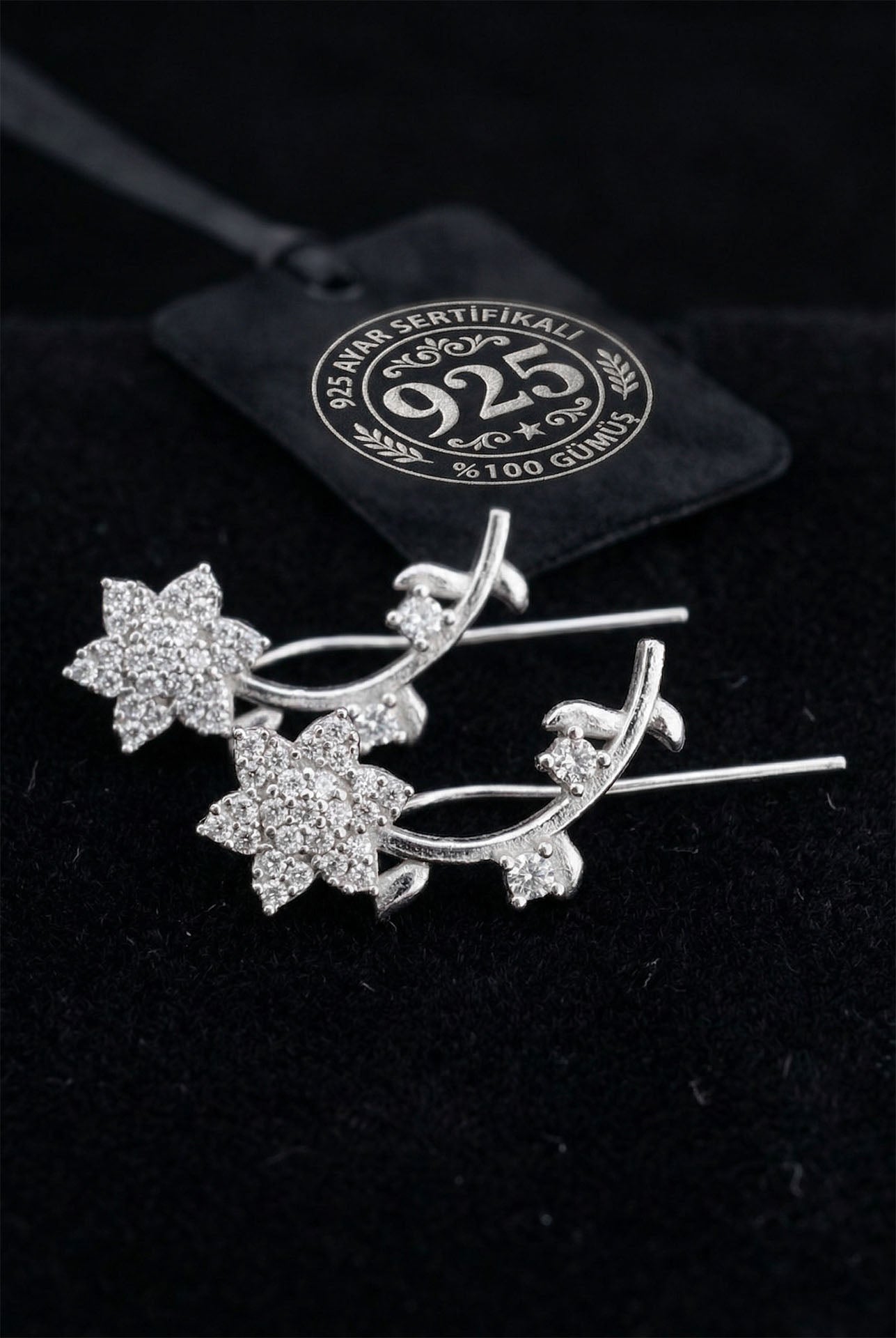 CZ Magnolia Flower Branch Horizontal Ivy Earrings Rhodium Plated Silver