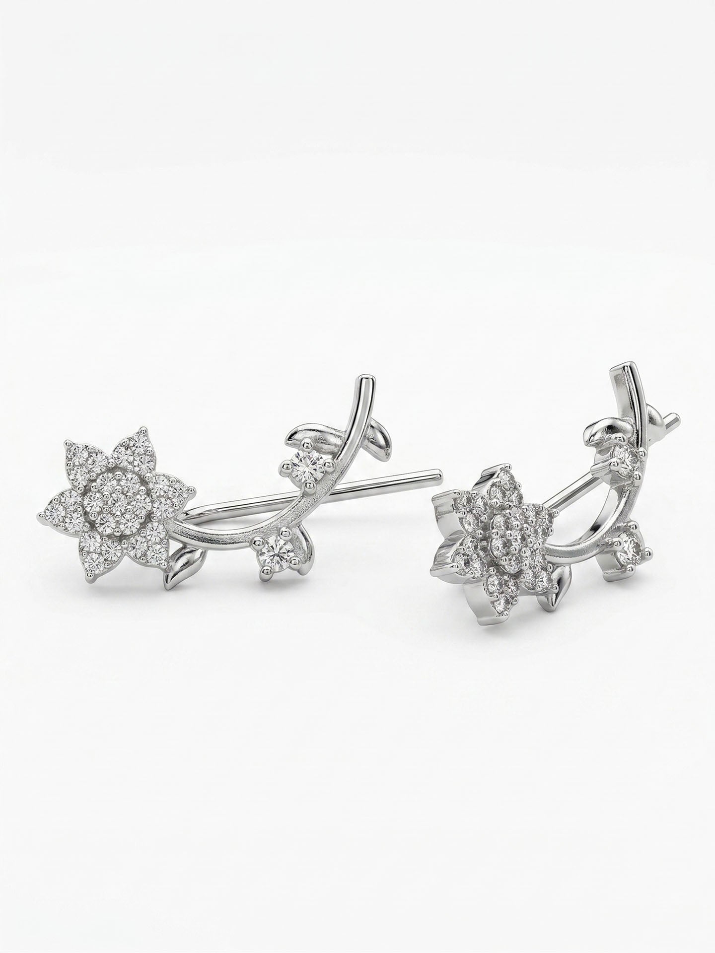 CZ Magnolia Flower Branch Horizontal Ivy Earrings Rhodium Plated Silver