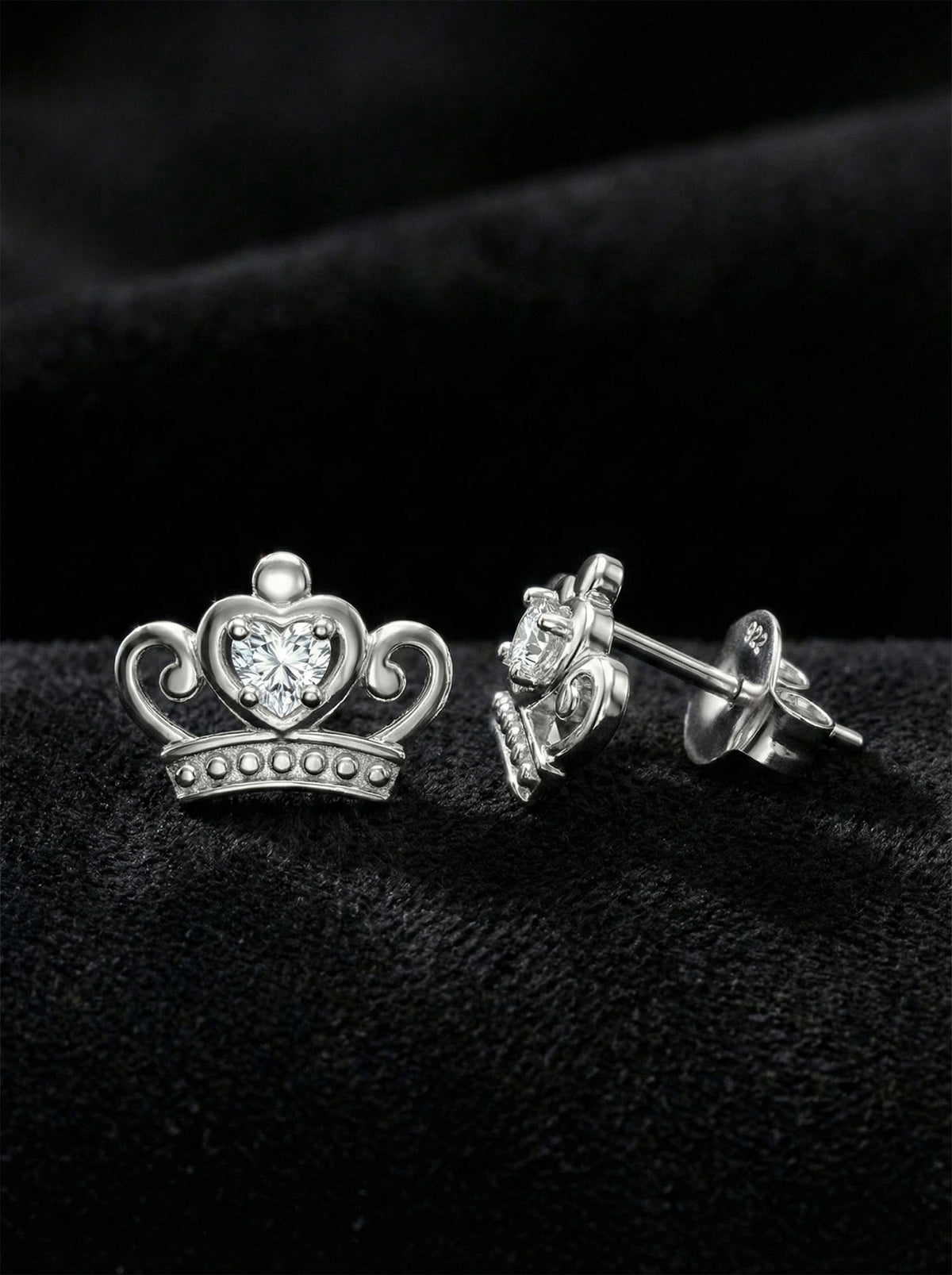 Rhodium Zircon Crown Stud Earrings in 925 sterling silver