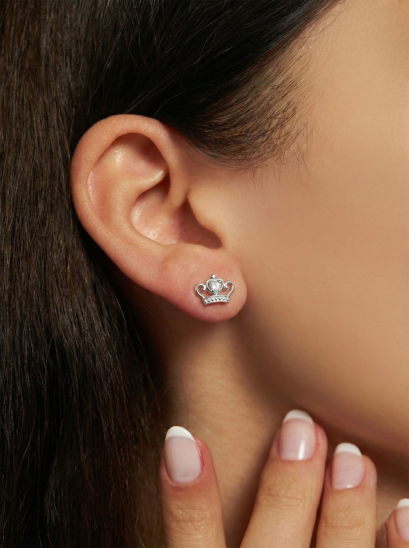 CZ Crown Style Stud Earrings Rhodium Plated Silver