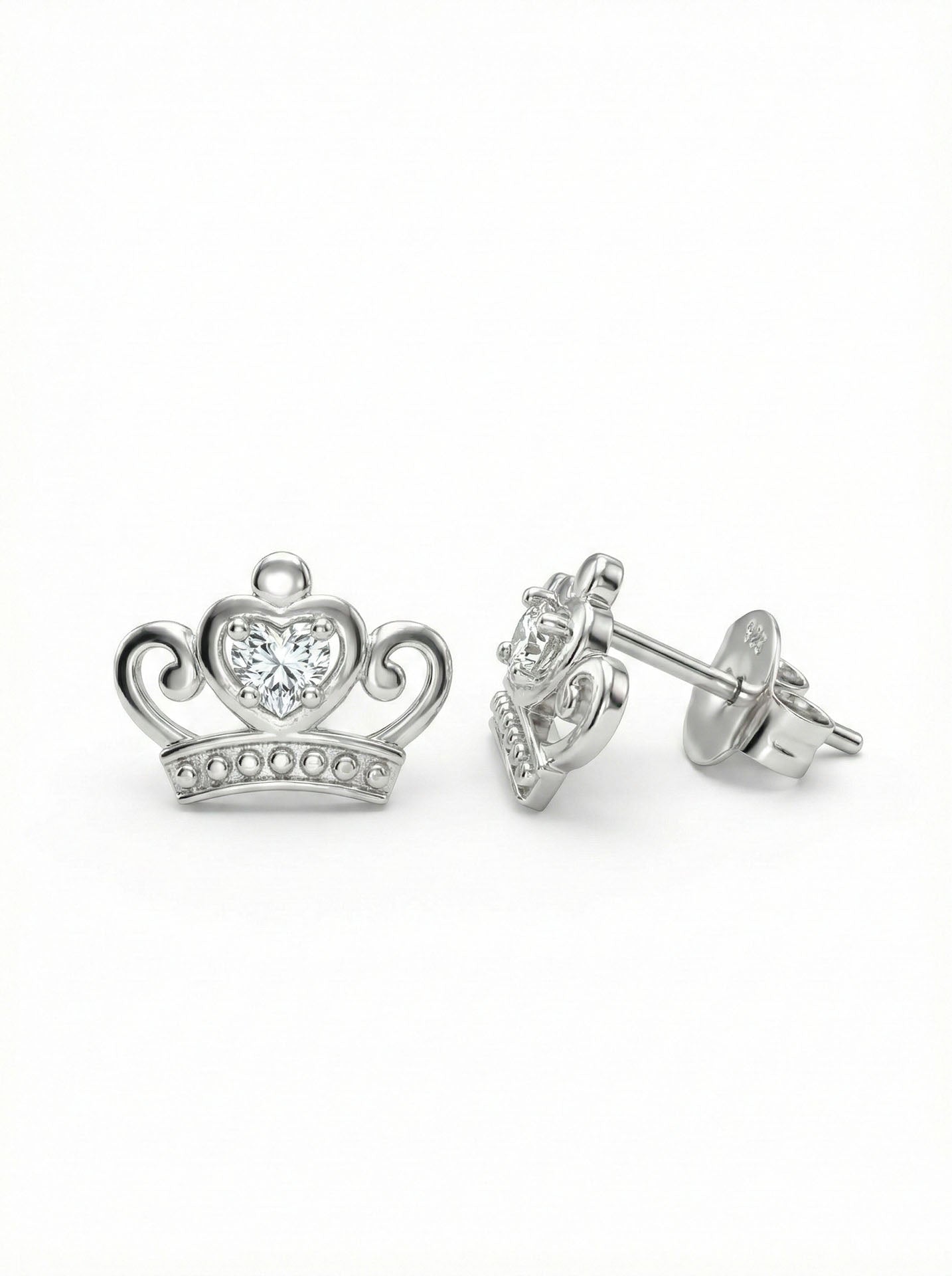 CZ Crown Style Stud Earrings Rhodium Plated Silver