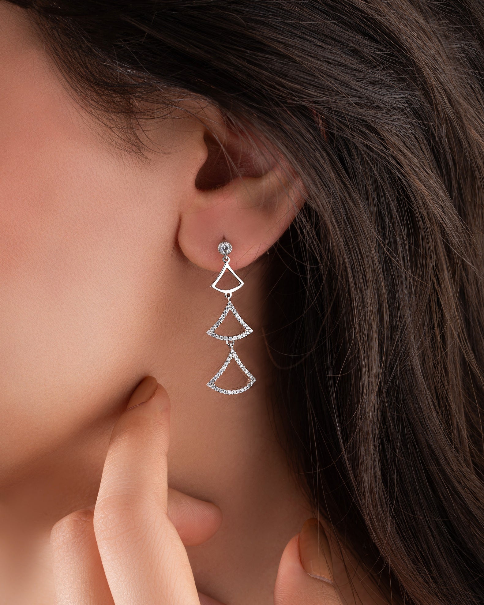 925 Sterling Silver Zircon Stone Rhodium Triangle Motif Elegant Special Design Dangle Earrings