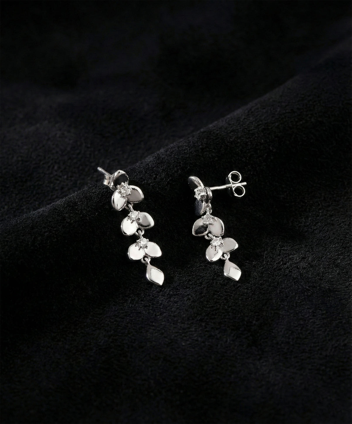 Rhodium Olive Branch Drop Zircon Stud Earrings in 925 sterling silver