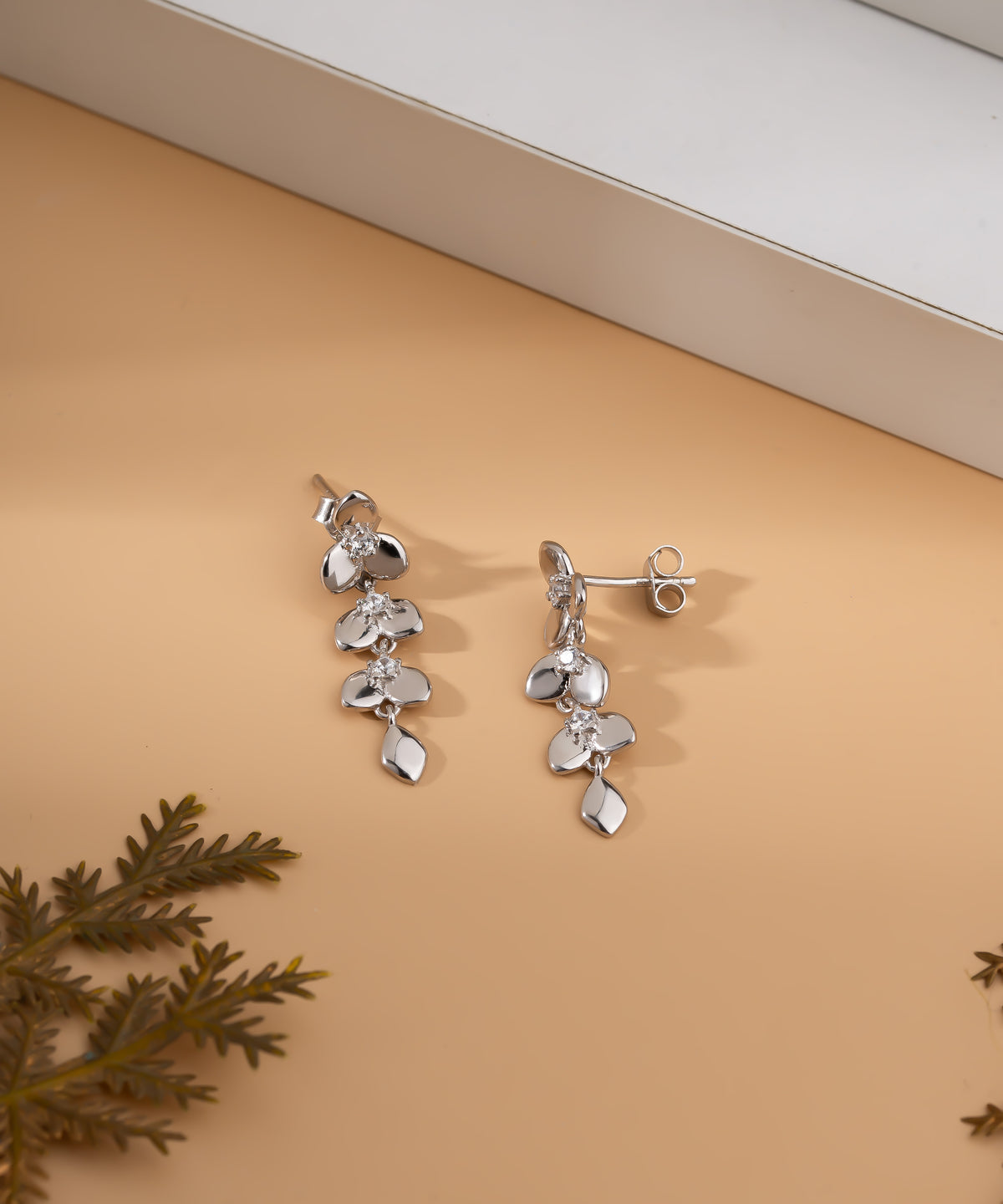 Rhodium Olive Branch Drop Zircon Stud Earrings in 925 sterling silver - view 3