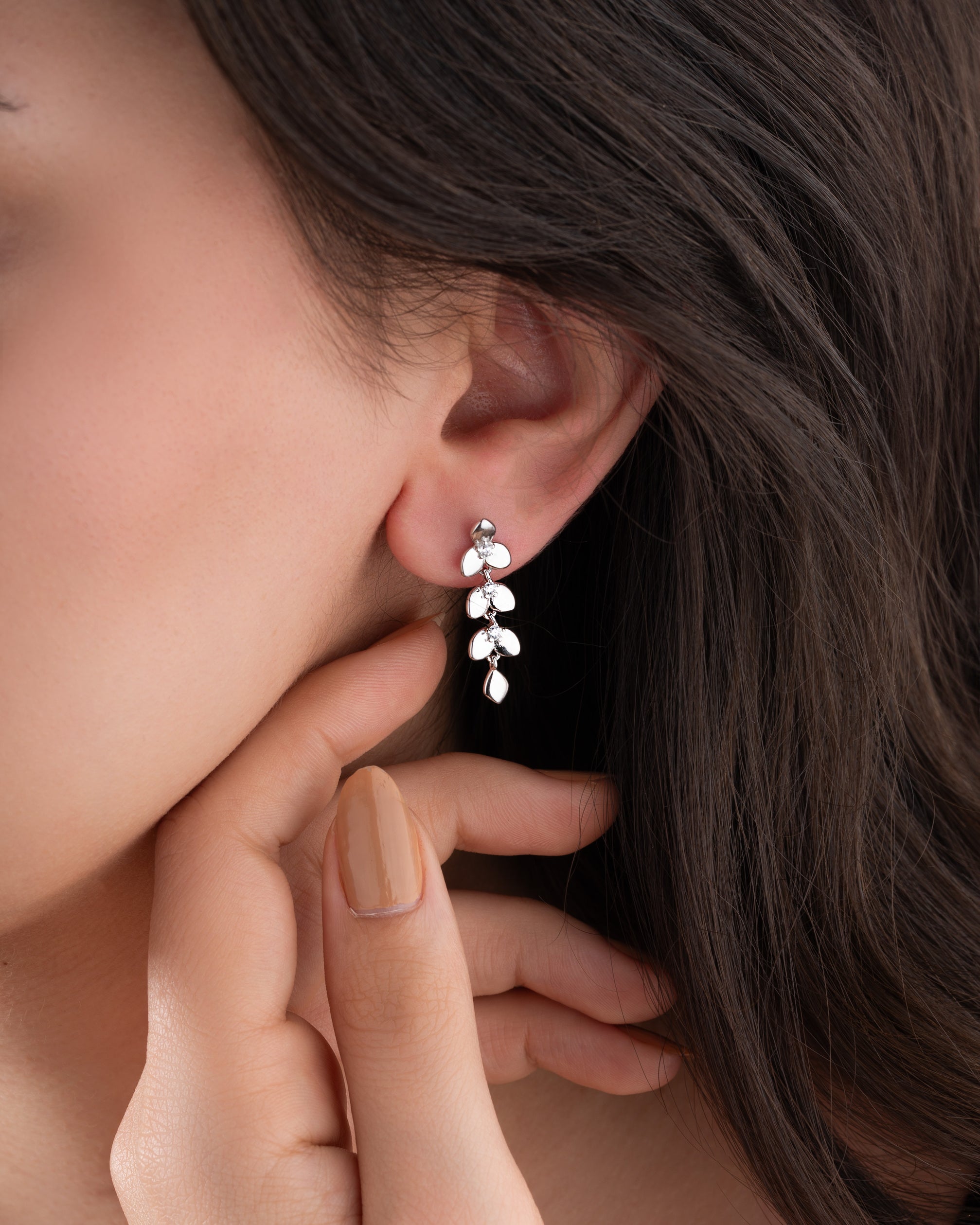 CZ Olive Branch Articulated Stud Earrings Rhodium Plated Silver