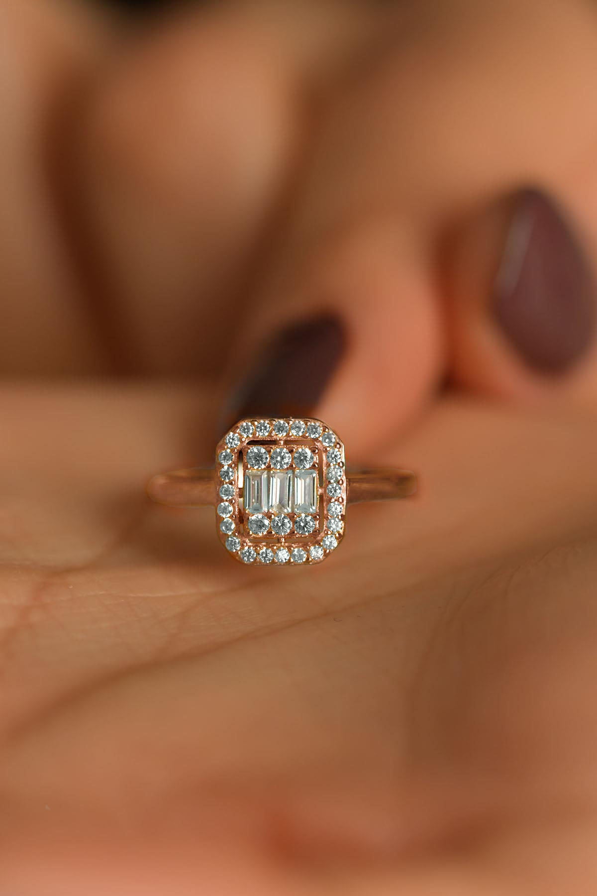 CZ Row Baguette Ring Rose Gold Plated Silver