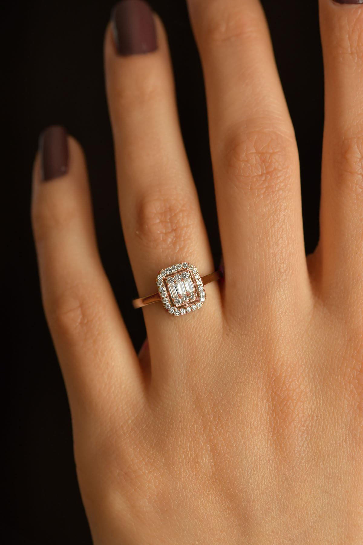 CZ Row Baguette Ring Rose Gold Plated Silver