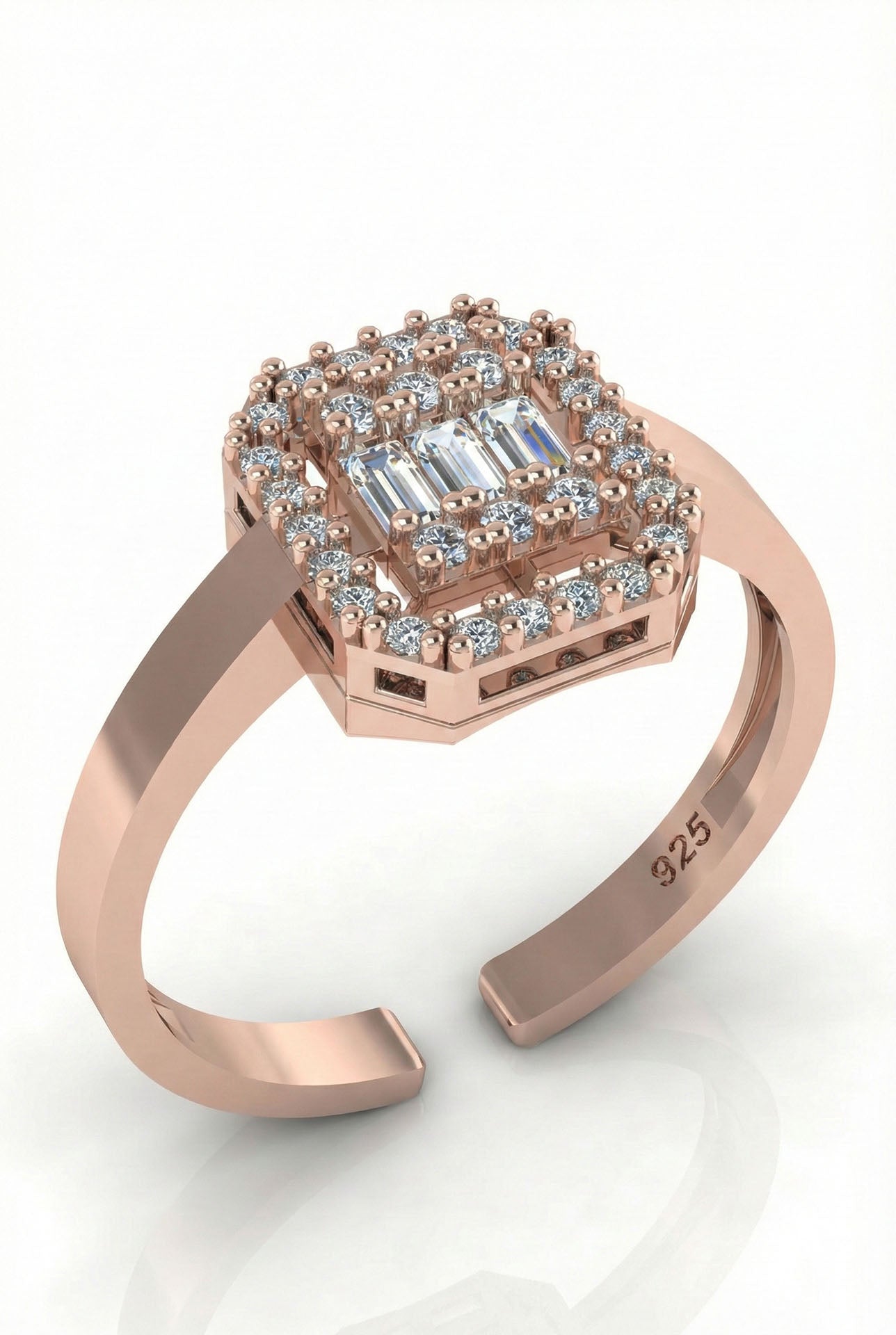 CZ Row Baguette Ring Rose Gold Plated Silver