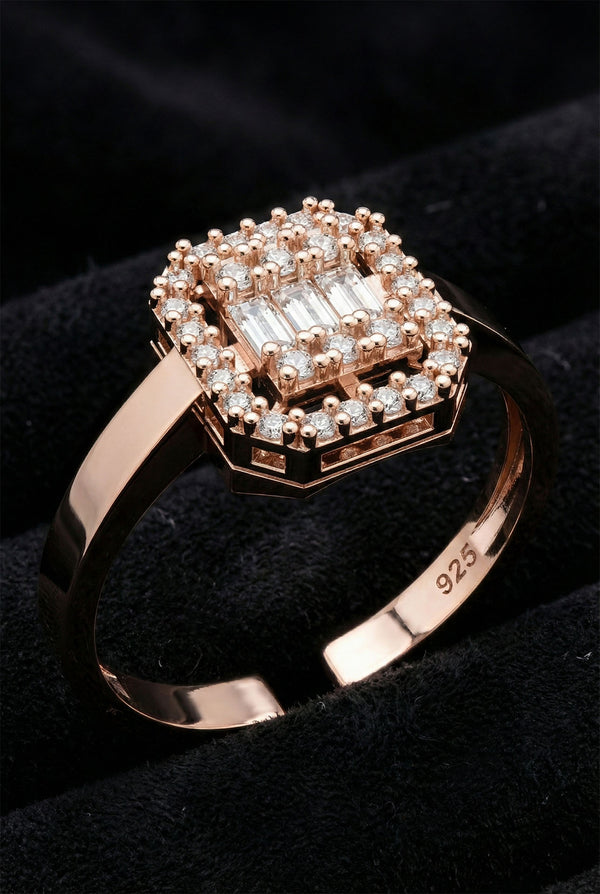 Rose Gold 3-Row Baguette Zircon Adjustable Ring | 925 Silver