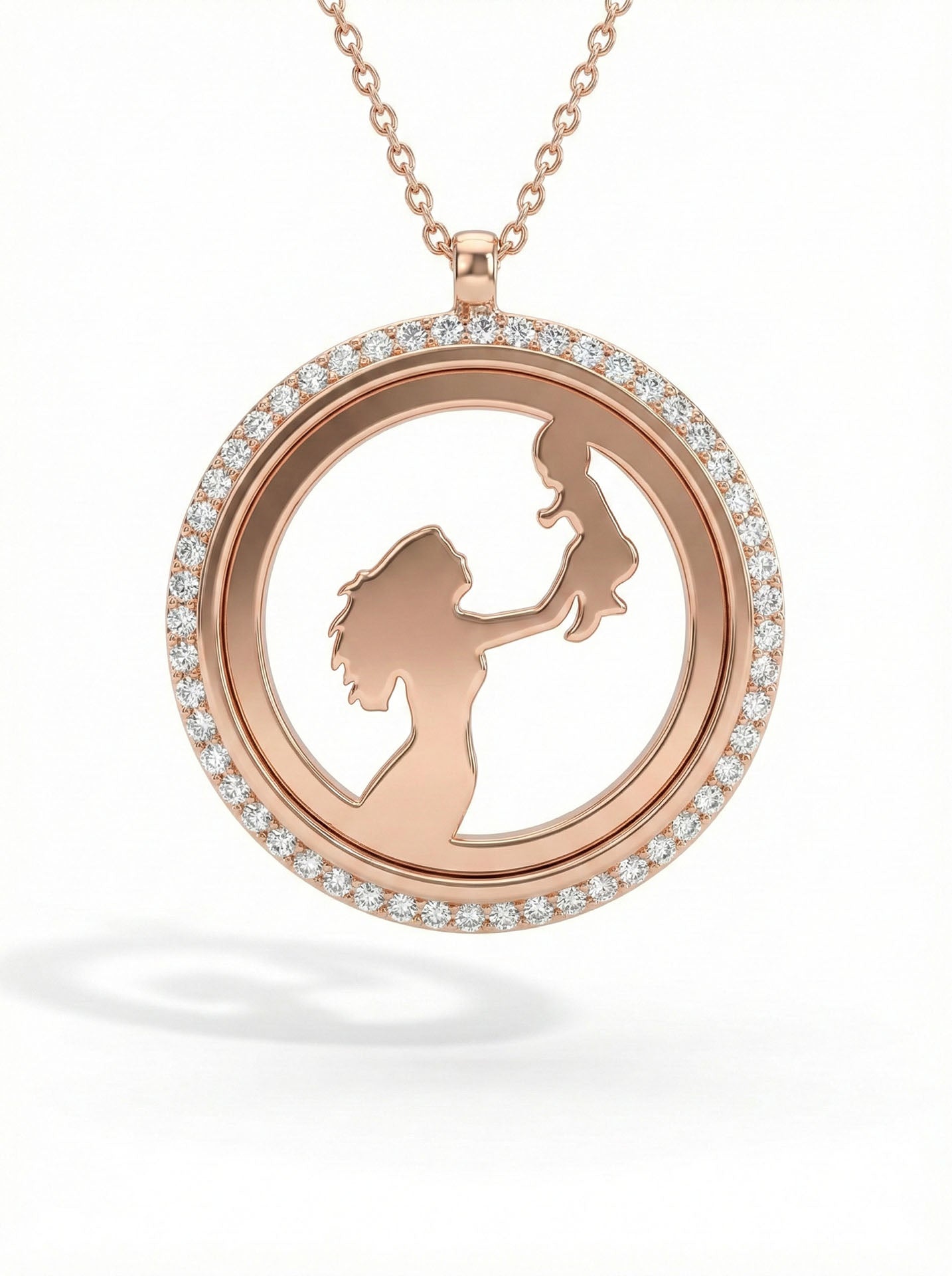 CZ Mom & Baby Medallion Necklace Rose Gold Plated Silver