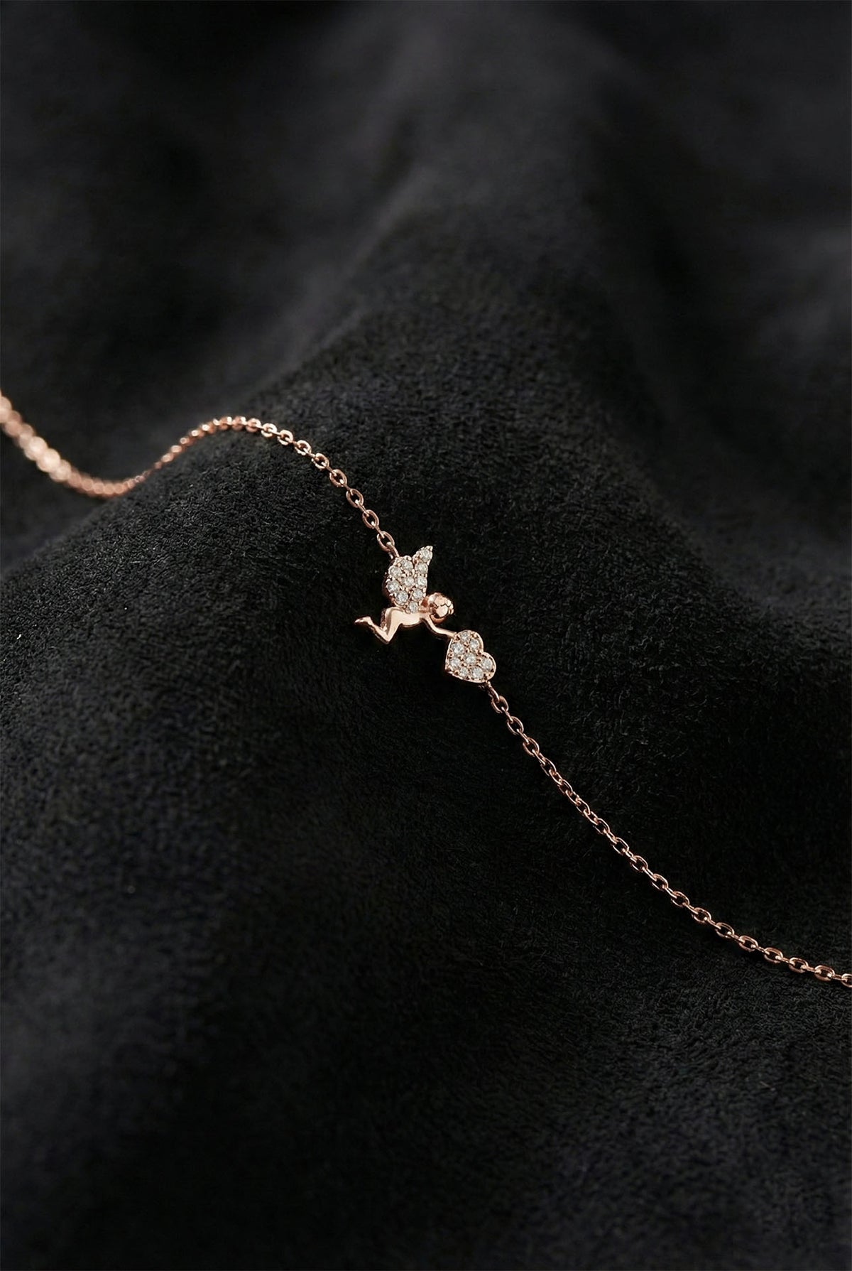 Rose Gold Cupid Angel, Zircon Heart Bracelet in 925 sterling silver
