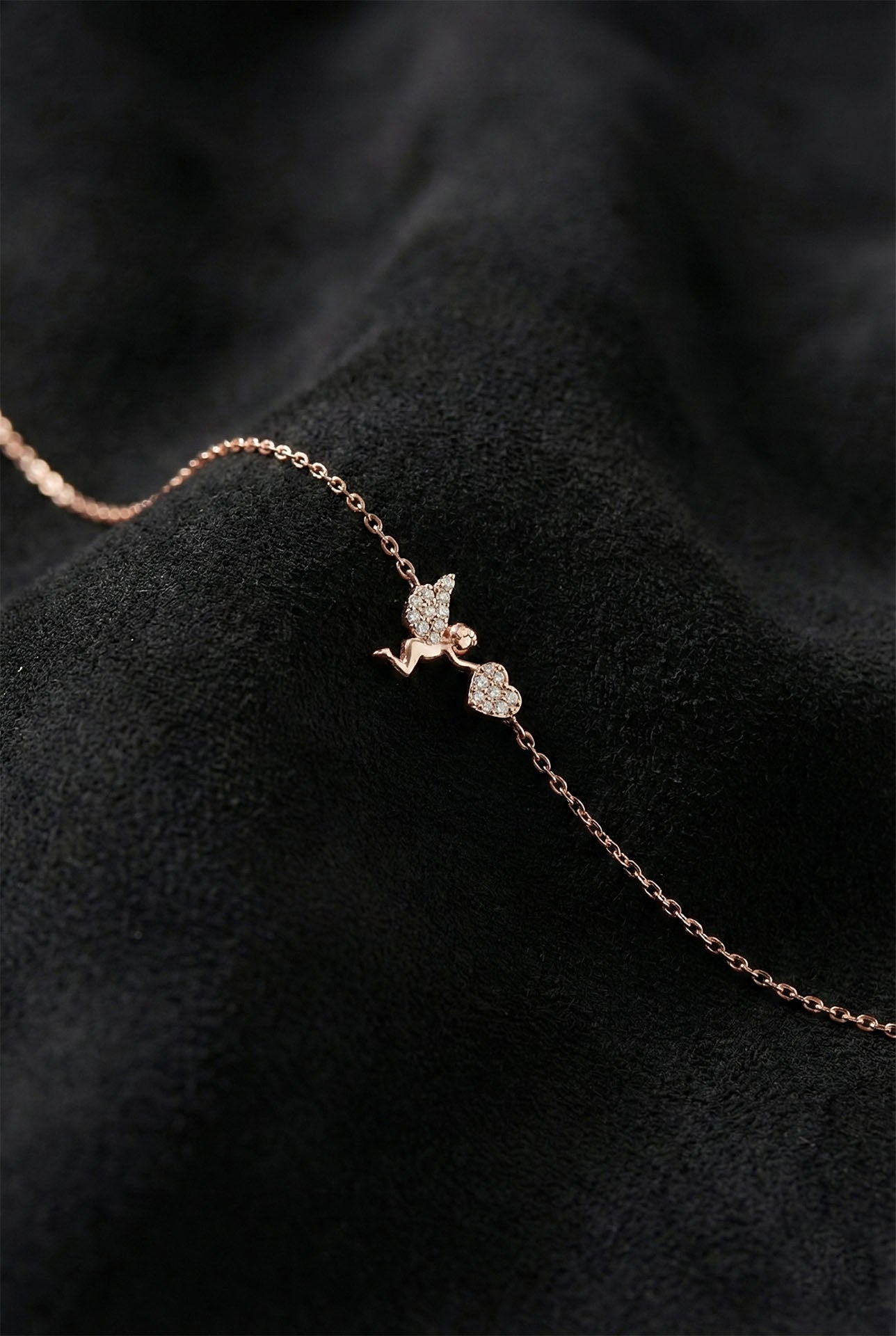 925 Sterling Silver Rose Gold Cupid Angel Bracelet, Dainty Cubic Zirconia Heart Bracelet