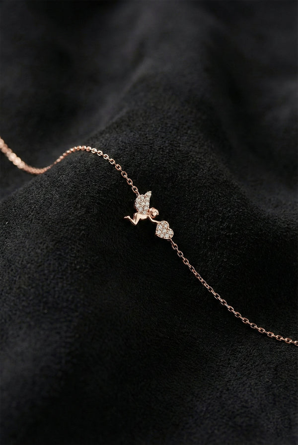 Bracelet cœur en zircon, motif ange cupidon, or rose | Argent 925