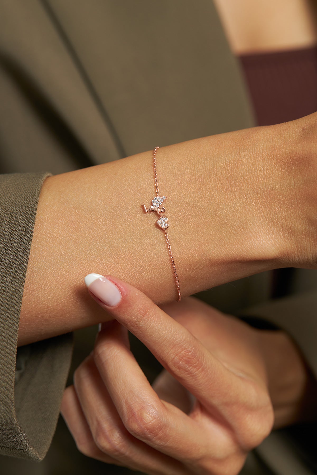 Bracelet cœur en zircon, motif ange cupidon, or rose | Argent 925