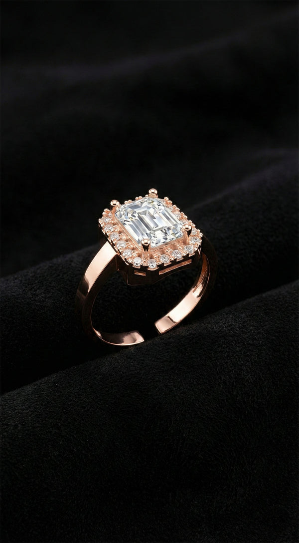 925 Sterling Silver Rose Adjustable Baguette Zircon Stone Ring
