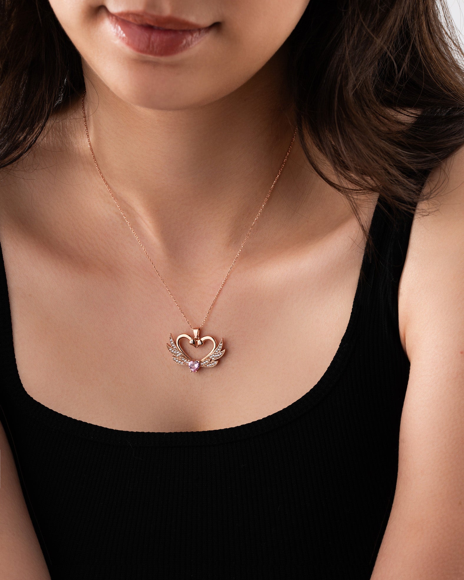 CZ Interlocking Swan Heart Motif Love Necklace Rose Gold Plated Silver
