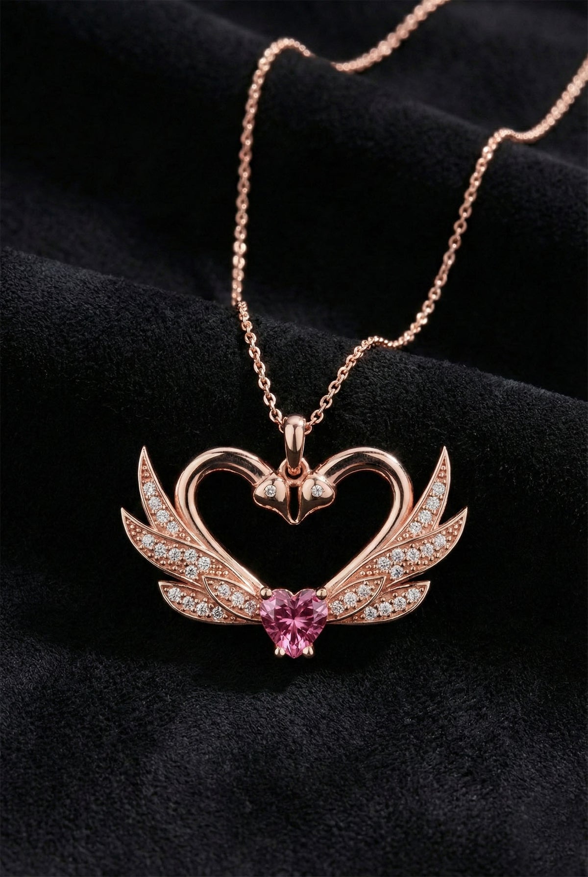 Roségoldfarbene, ineinander verschlungene Schwanen-Herz-Halskette mit Zirkonia aus 925er Sterlingsilber