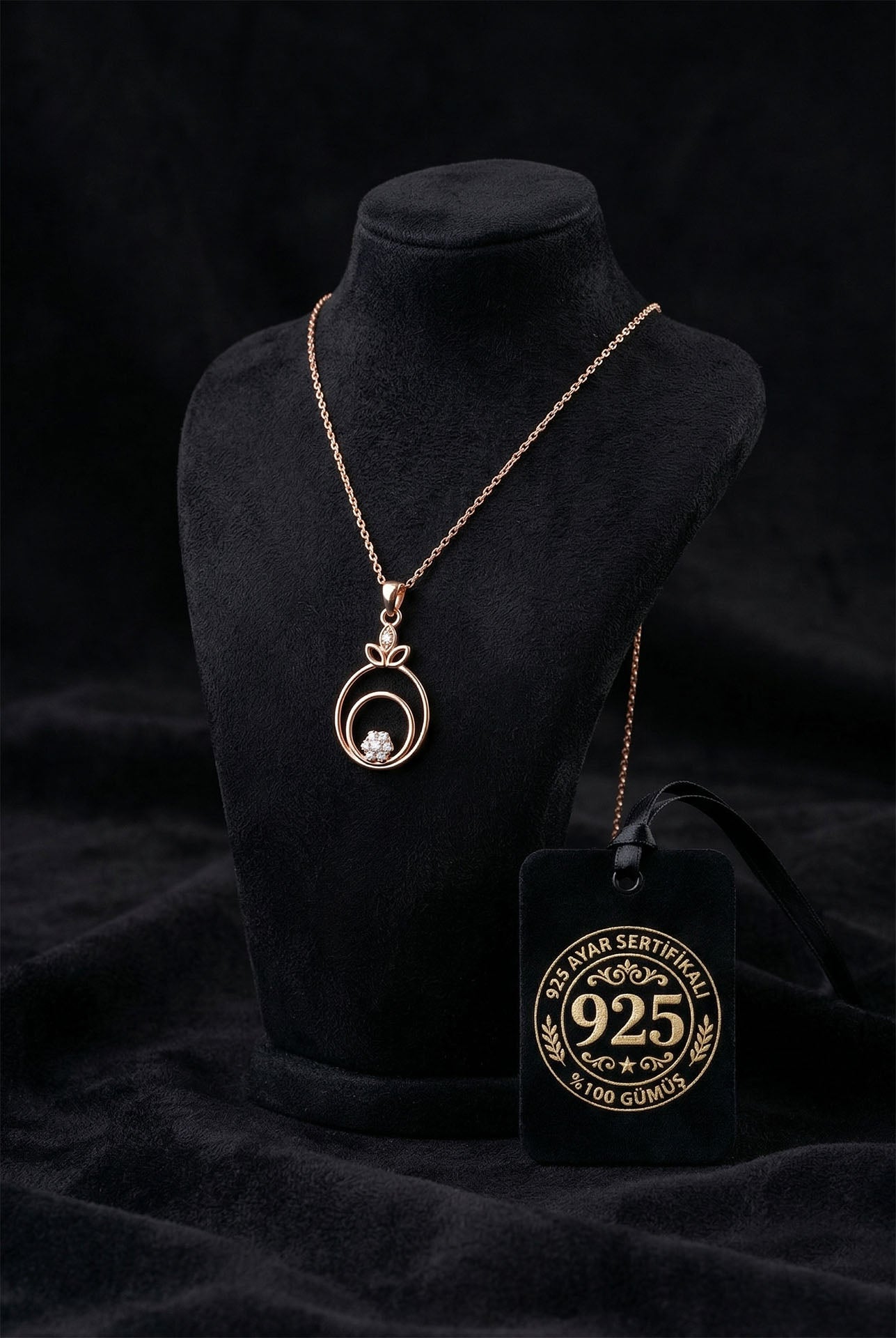 925 Ayar Zirkon Taşlı Rose Çiçekli Halka Gümüş Kolye