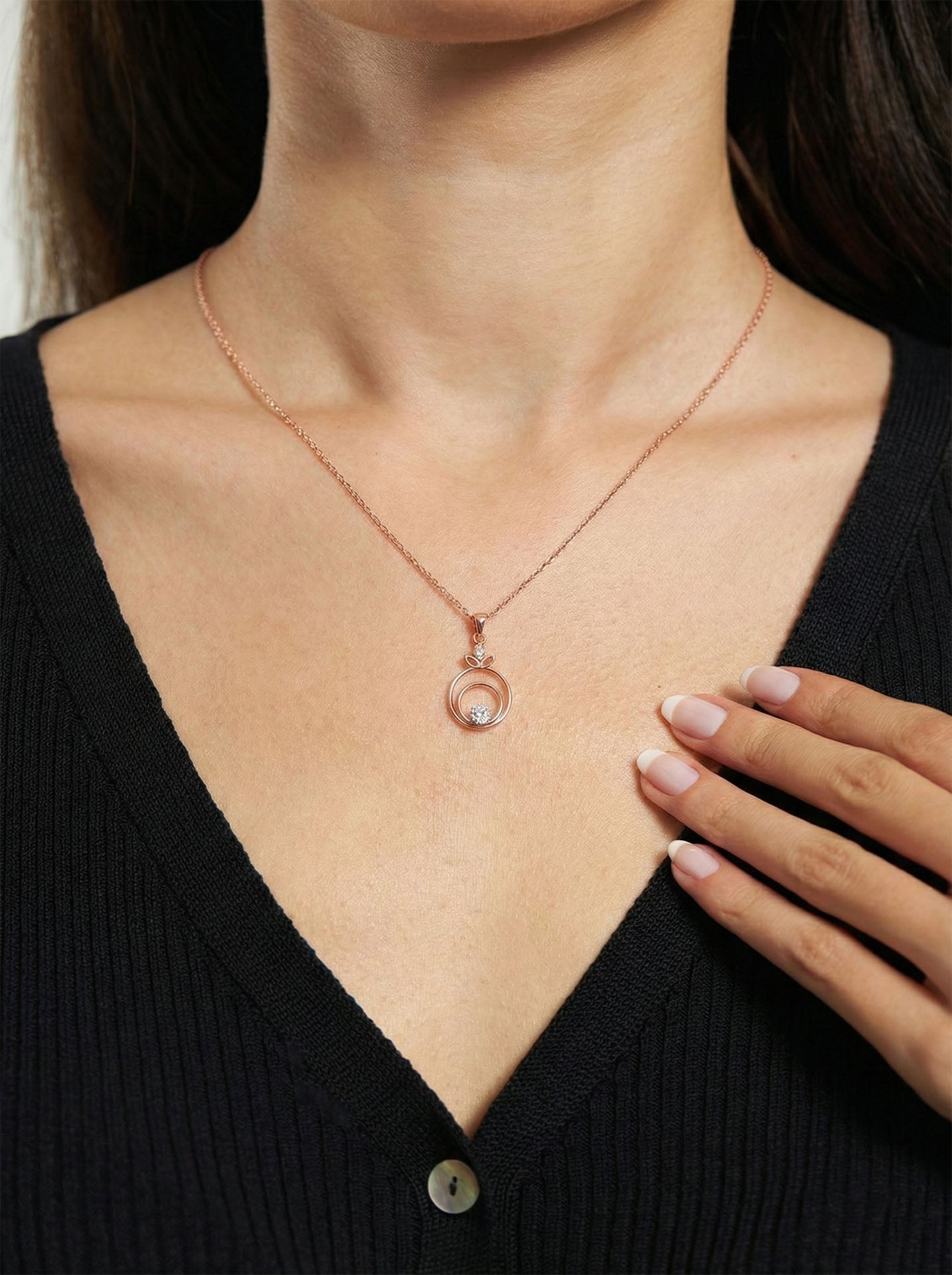 CZ Flower Hoop Necklace Rose Gold Plated Silver