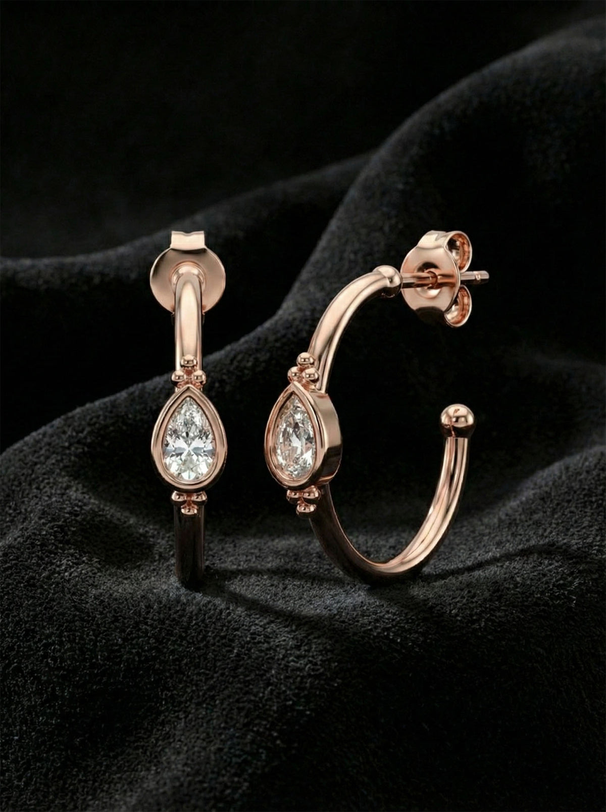 Rose Gold Zircon Teardrop Solitaire Hoops in 925 sterling silver